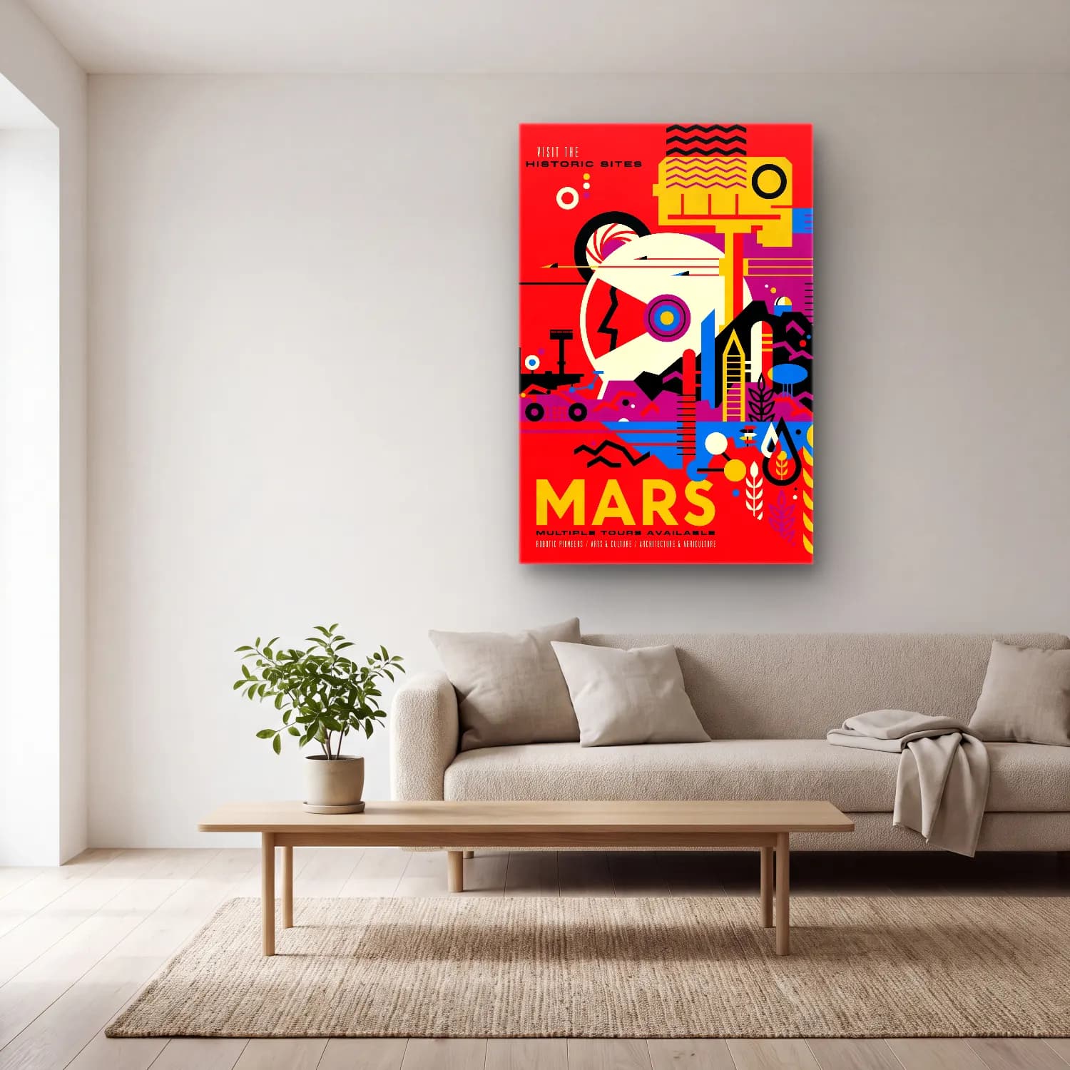 Maksimalist Astronot – Turuncu Tonlar cam tablo — açık renk salonda