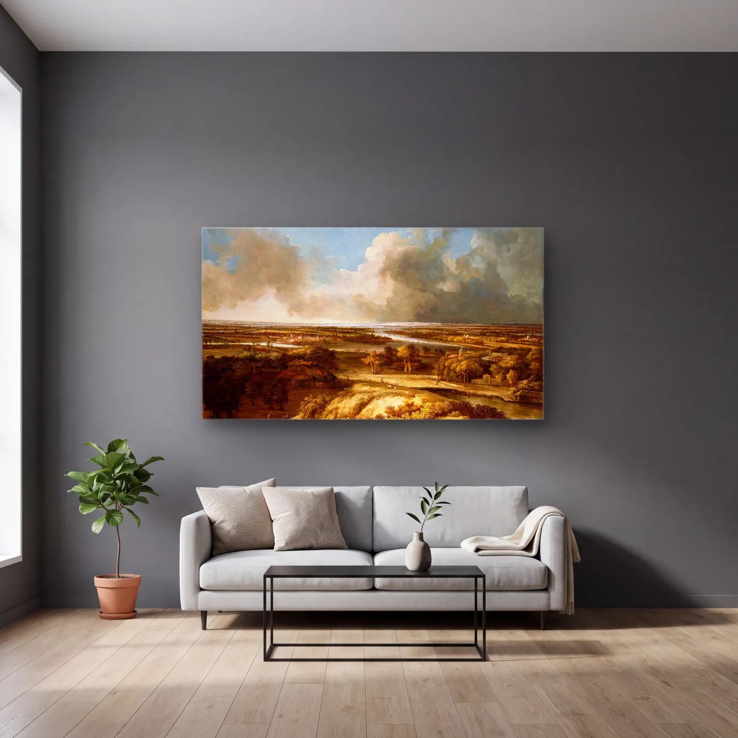 Philips Koninck – A Panoramic Landscape cam tablo — gri duvarlı salonda