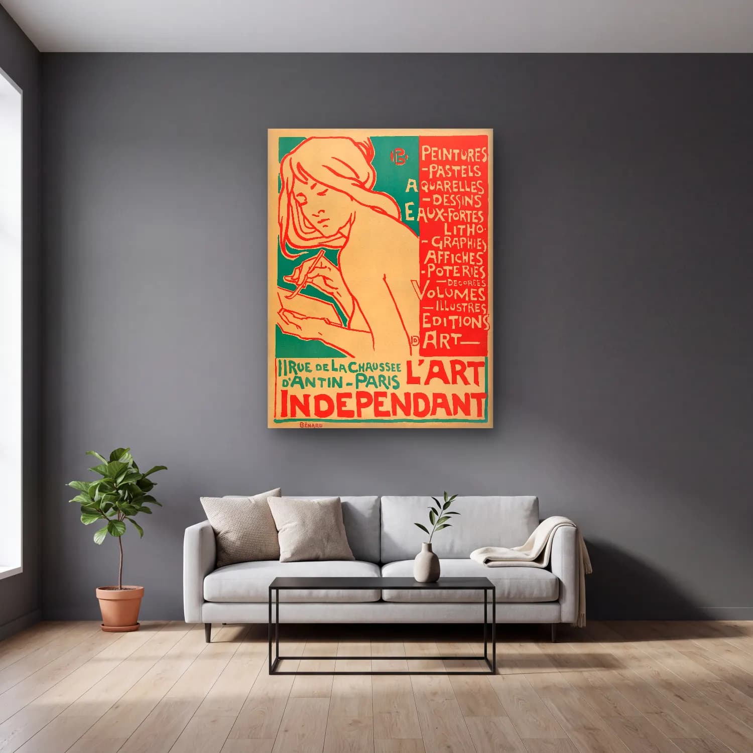 Vintage Poster Kitap Okuyan Kadın No. 26 cam tablo — gri duvarlı salonda