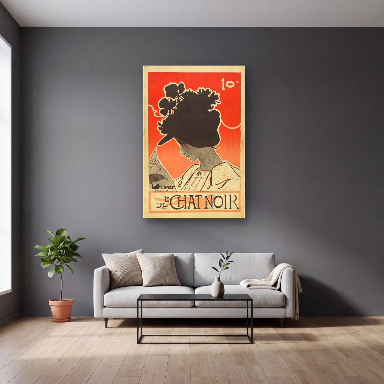 Vintage Poster Şapkalı Kadın No. 27 cam tablo — gri duvarlı salonda