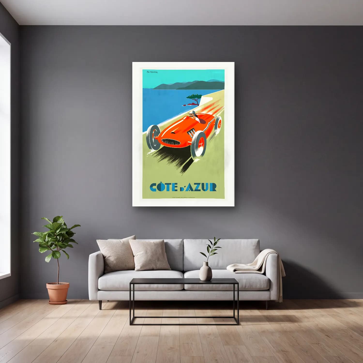 Vintage Poster Klasik Araba No. 6 cam tablo — gri duvarlı salonda