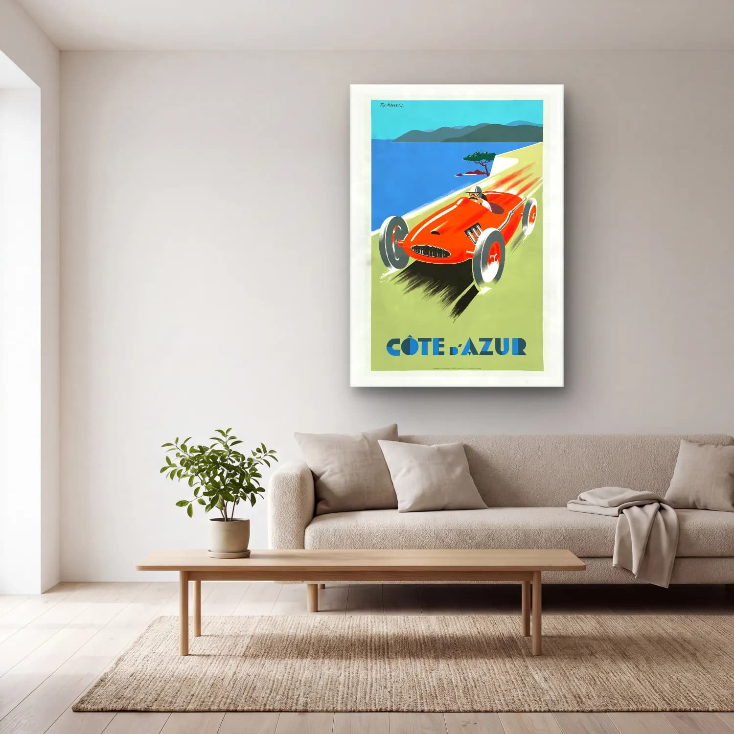 Vintage Poster Klasik Araba No. 6 cam tablo — açık renk salonda