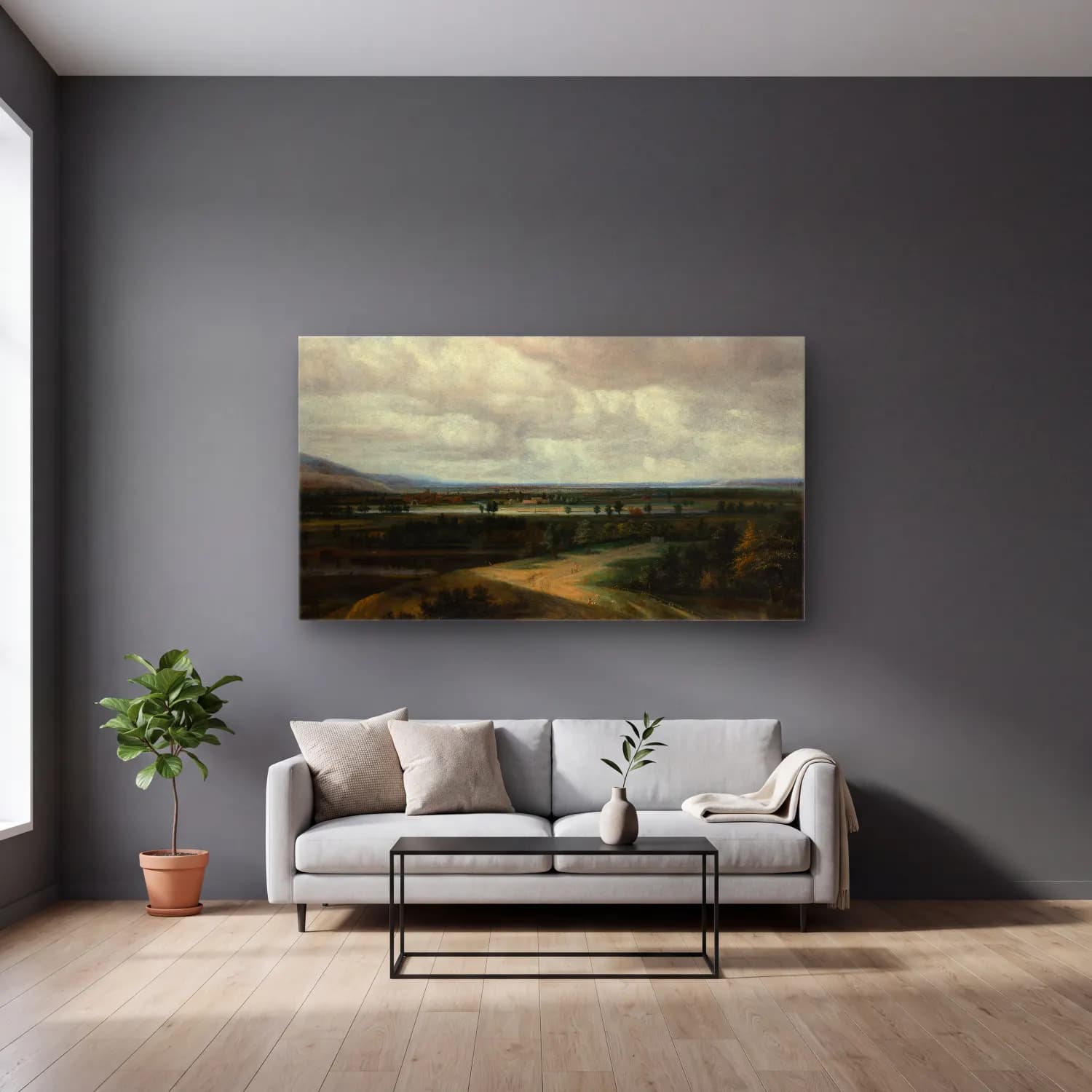 Philips Koninck – A Panoramic Landscape with a Country Estate (ca. 1649) cam tablo — gri duvarlı salonda