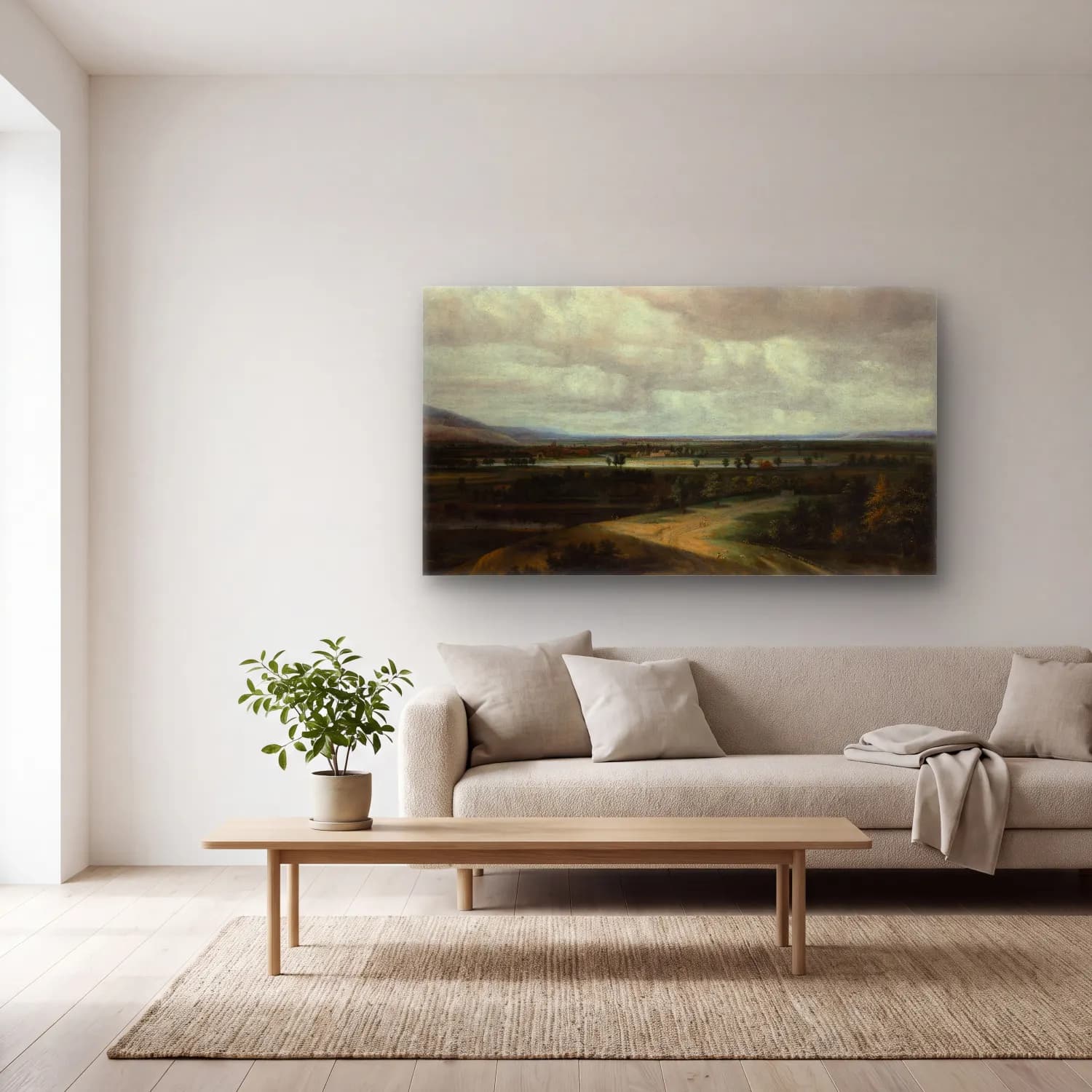 Philips Koninck – A Panoramic Landscape with a Country Estate (ca. 1649) cam tablo — açık renk salonda
