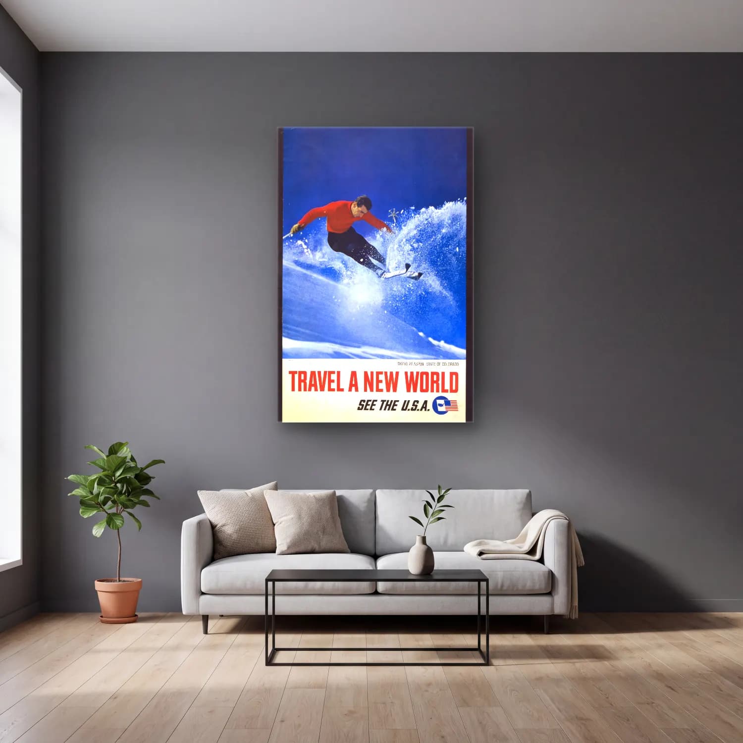 Vintage Poster Kayak No. 9 cam tablo — gri duvarlı salonda
