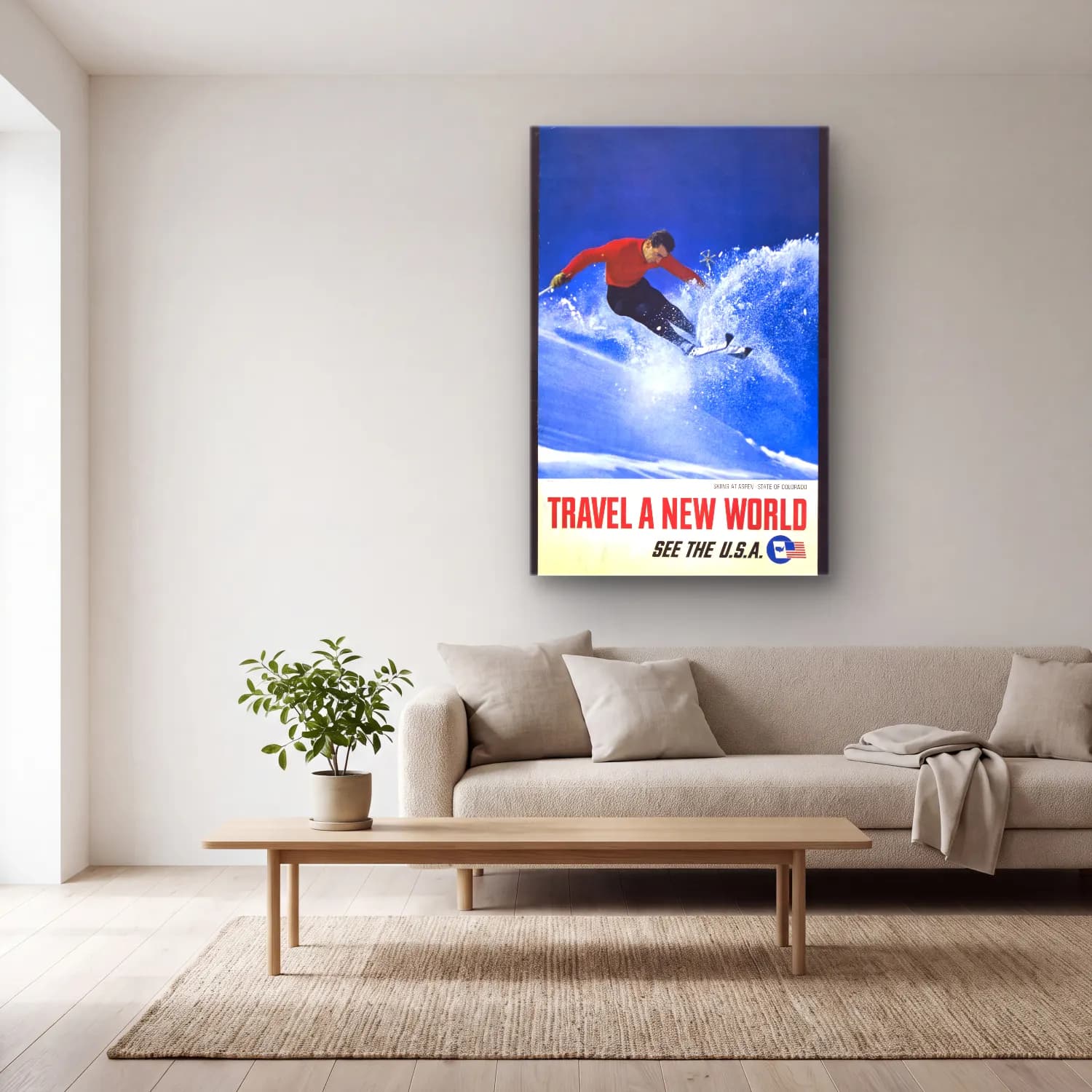 Vintage Poster Kayak No. 9 cam tablo — açık renk salonda