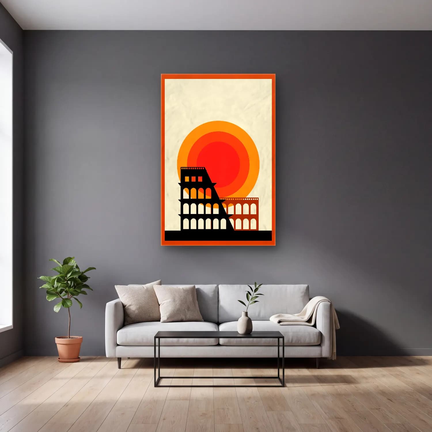 Vintage Poster Roma No. 3 cam tablo — gri duvarlı salonda