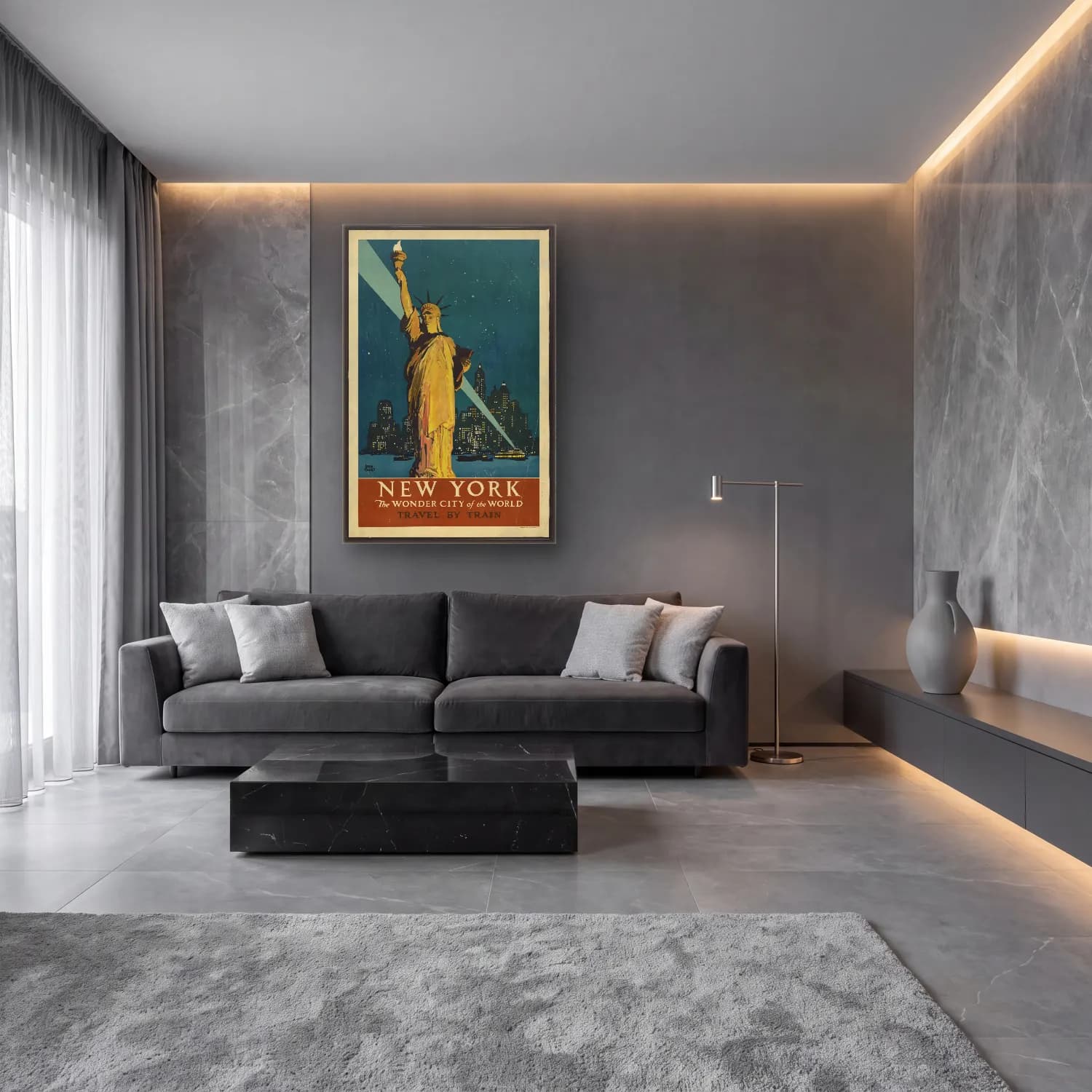 Vintage Poster Gece Şehir No. 6 cam tablo — lüks salon duvarında