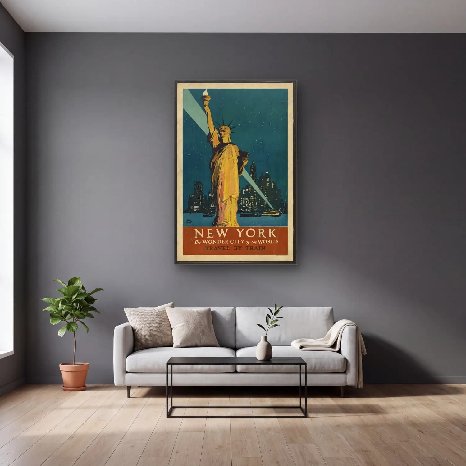 Vintage Poster Gece Şehir No. 6 cam tablo — gri duvarlı salonda
