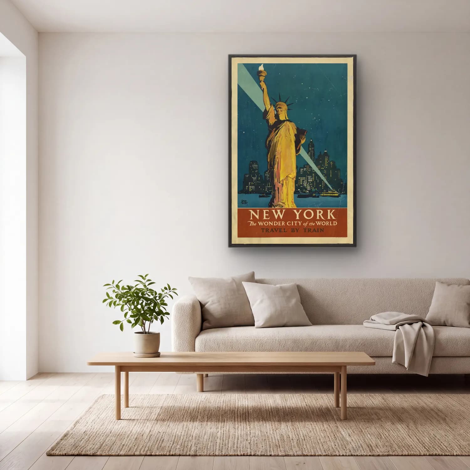 Vintage Poster Gece Şehir No. 6 cam tablo — açık renk salonda