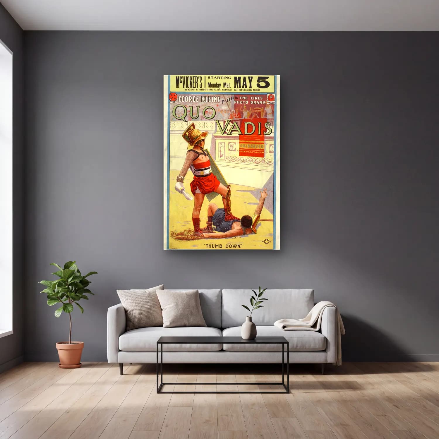Vintage Poster Roma No. 4 cam tablo — gri duvarlı salonda