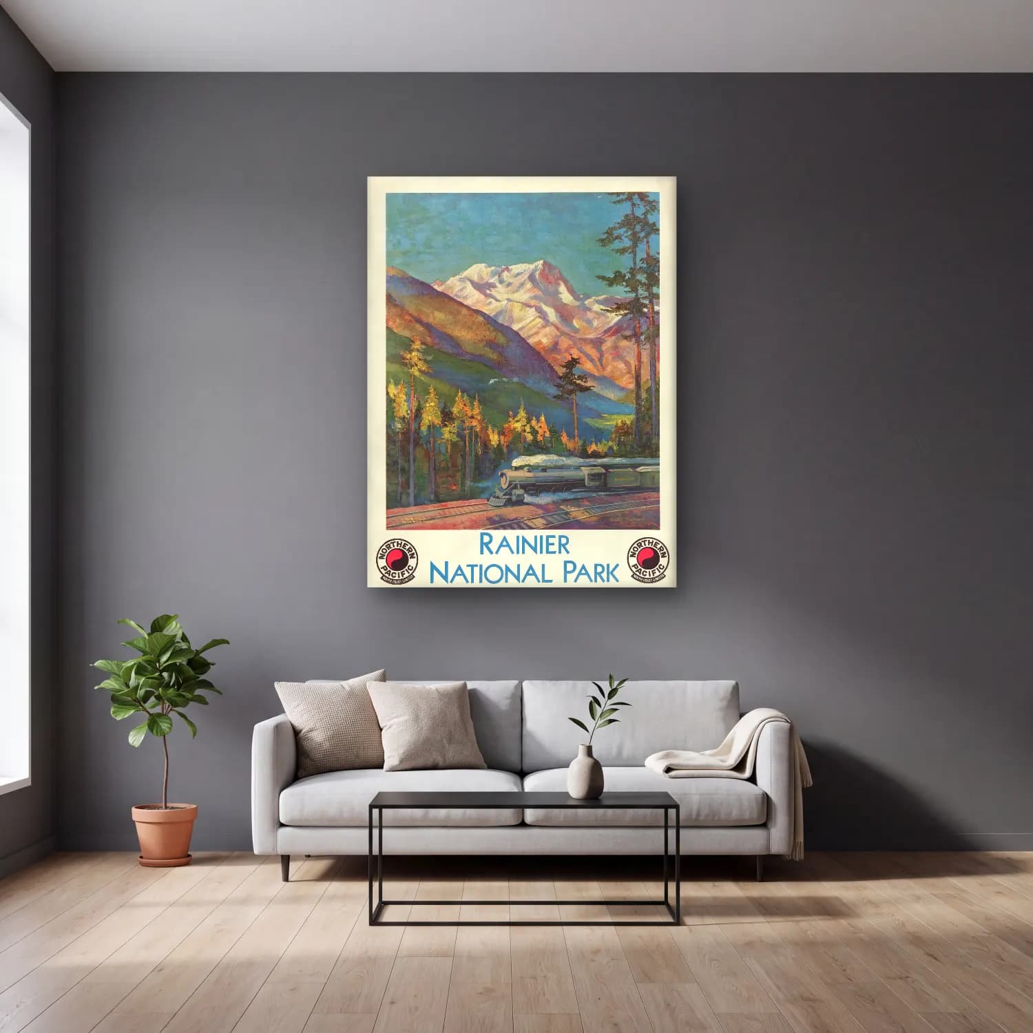 Vintage Poster Tren No. 8 cam tablo — gri duvarlı salonda