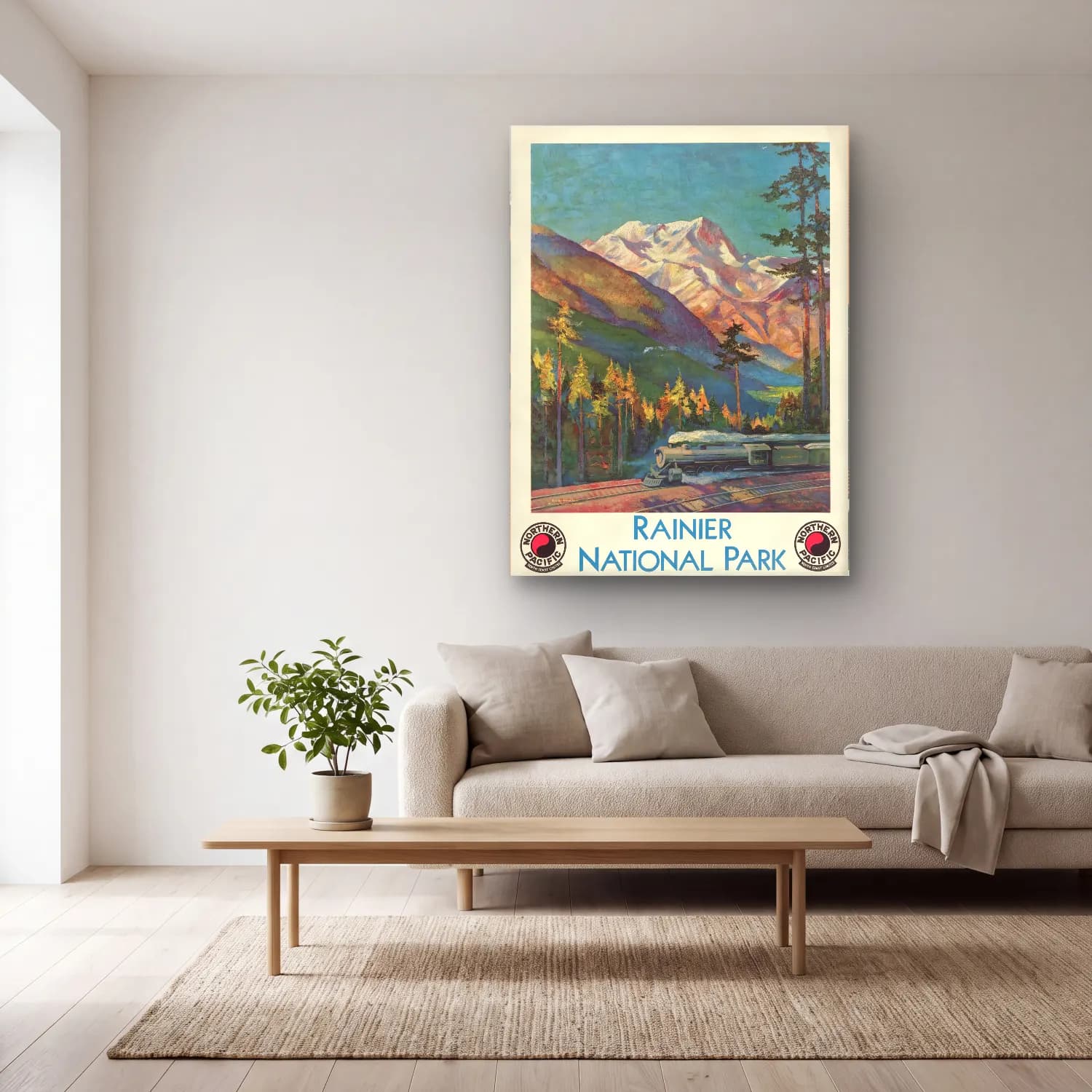 Vintage Poster Tren No. 8 cam tablo — açık renk salonda