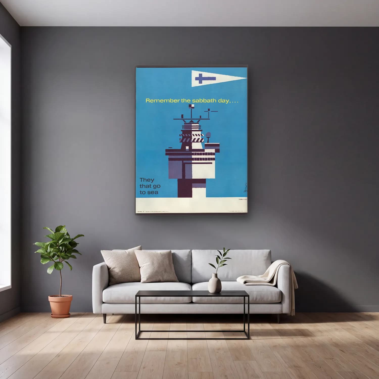 Vintage Poster Deniz Feneri – Mavi Tonlar cam tablo — gri duvarlı salonda
