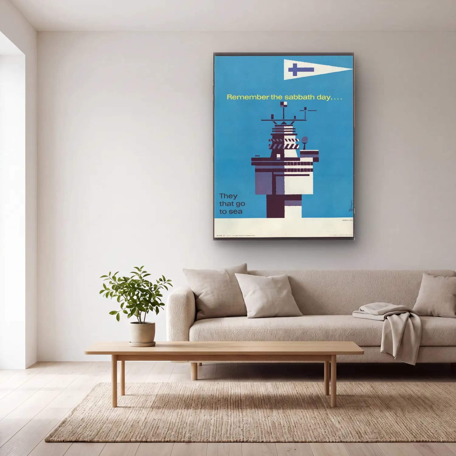 Vintage Poster Deniz Feneri – Mavi Tonlar cam tablo — açık renk salonda