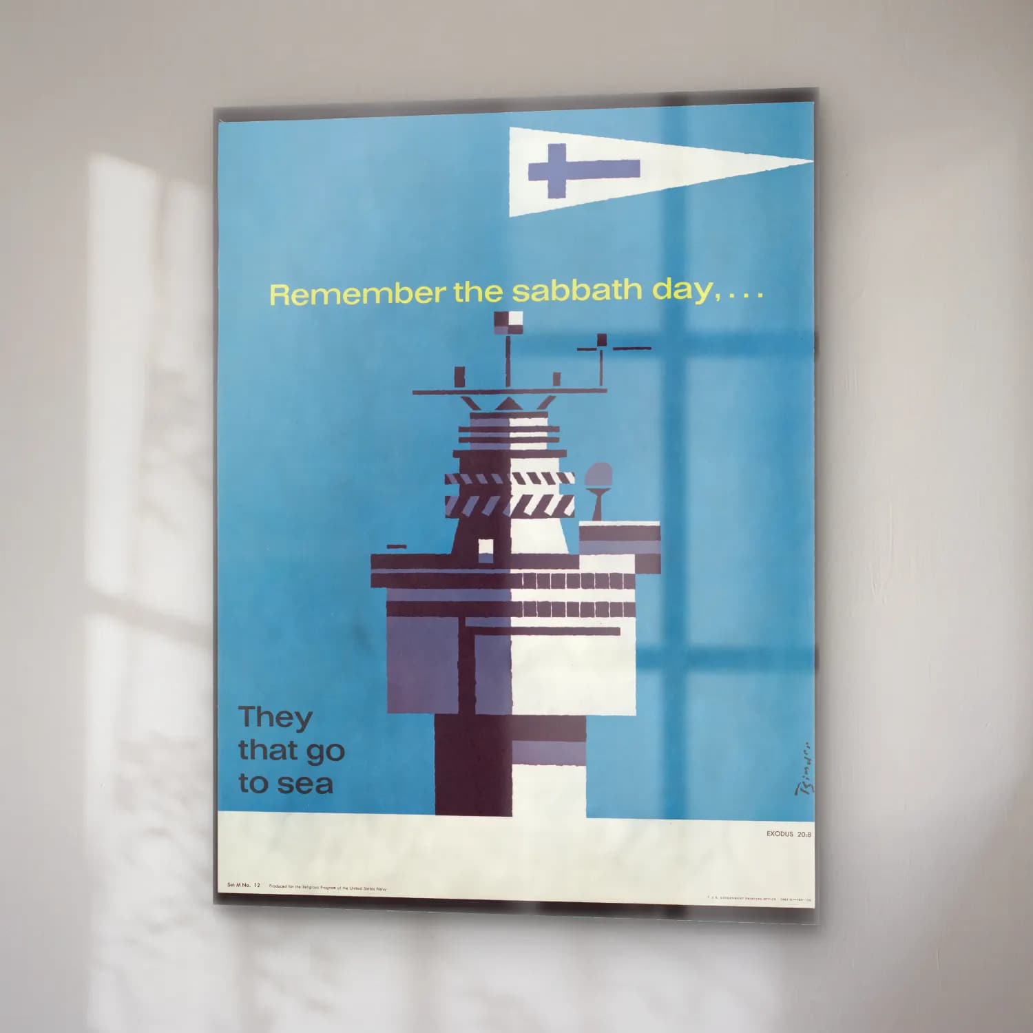 Vintage Poster Deniz Feneri – Mavi Tonlar cam tablo — sağ açıdan görünüm