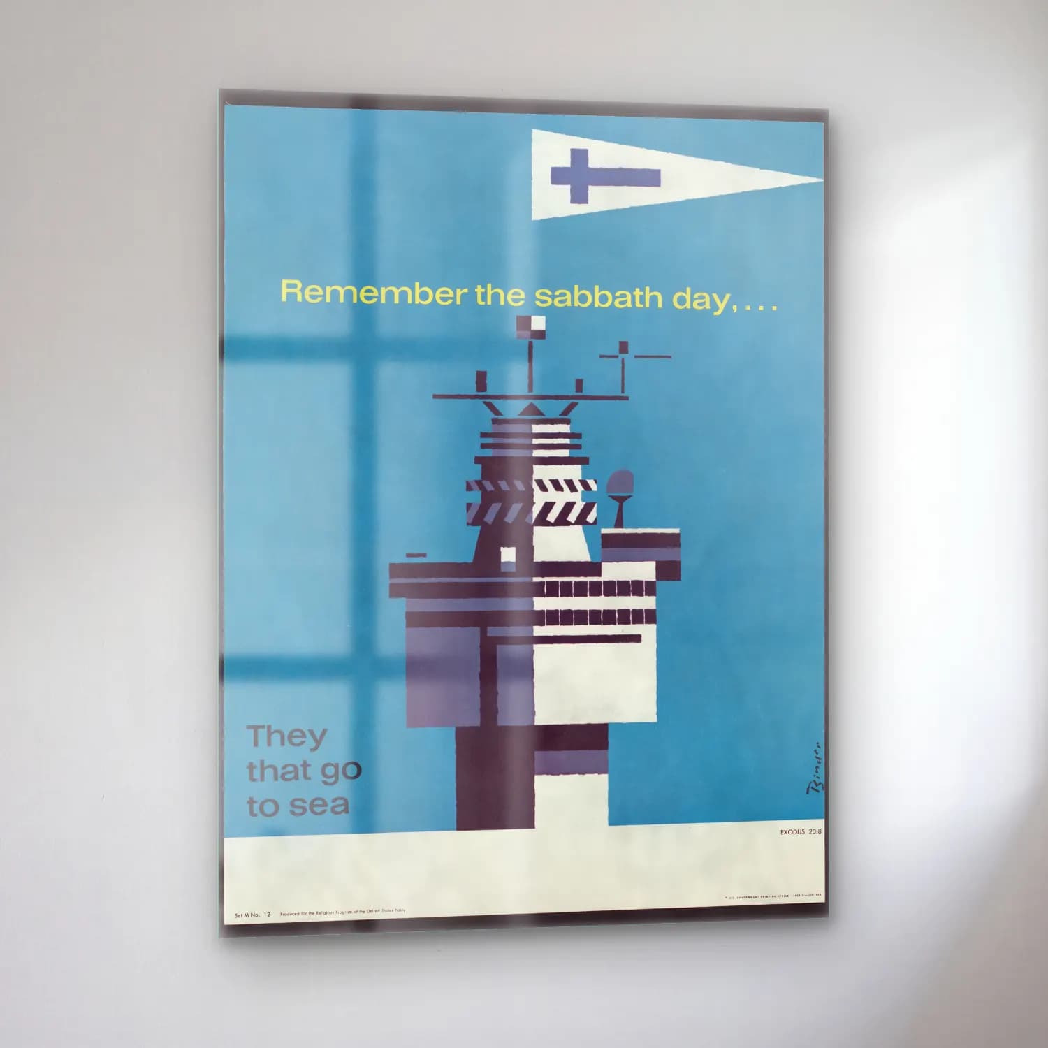 Vintage Poster Deniz Feneri – Mavi Tonlar cam tablo — sol açıdan görünüm
