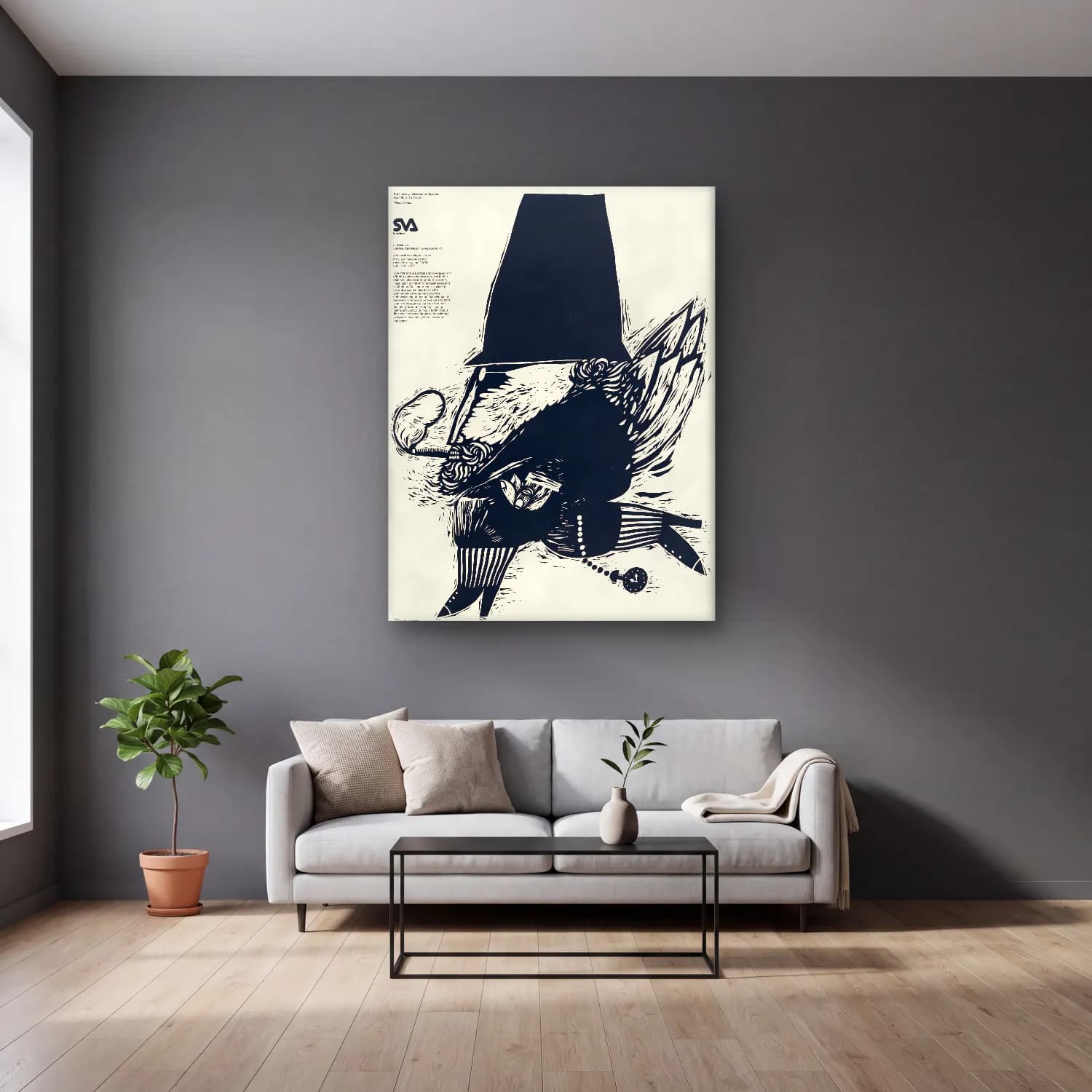 Vintage Poster Şövalye No. 17 cam tablo — gri duvarlı salonda