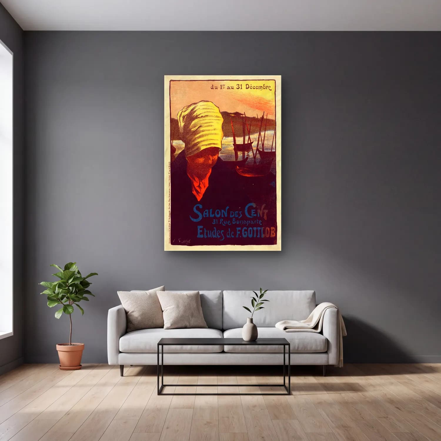 Vintage Poster Şapkalı Kadın No. 28 cam tablo — gri duvarlı salonda