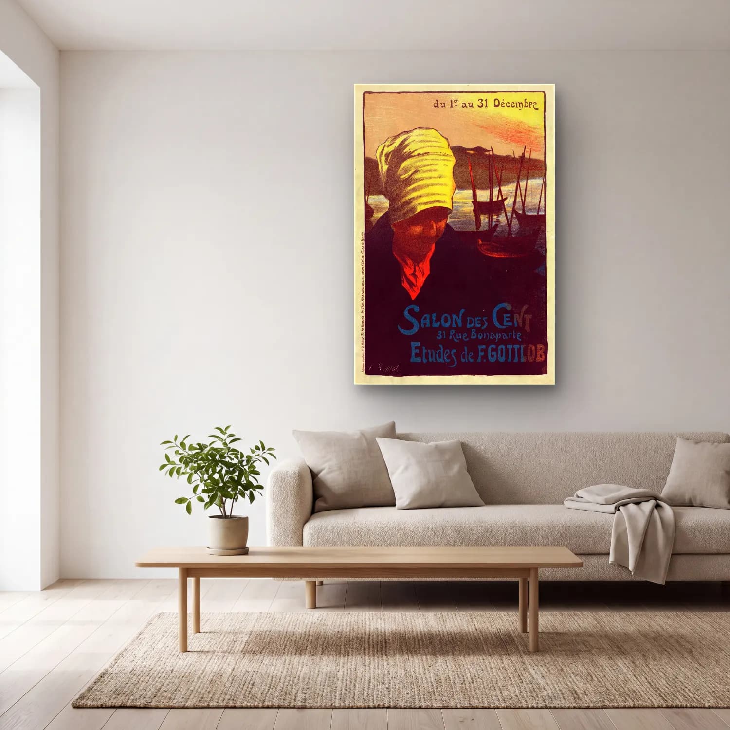 Vintage Poster Şapkalı Kadın No. 28 cam tablo — açık renk salonda