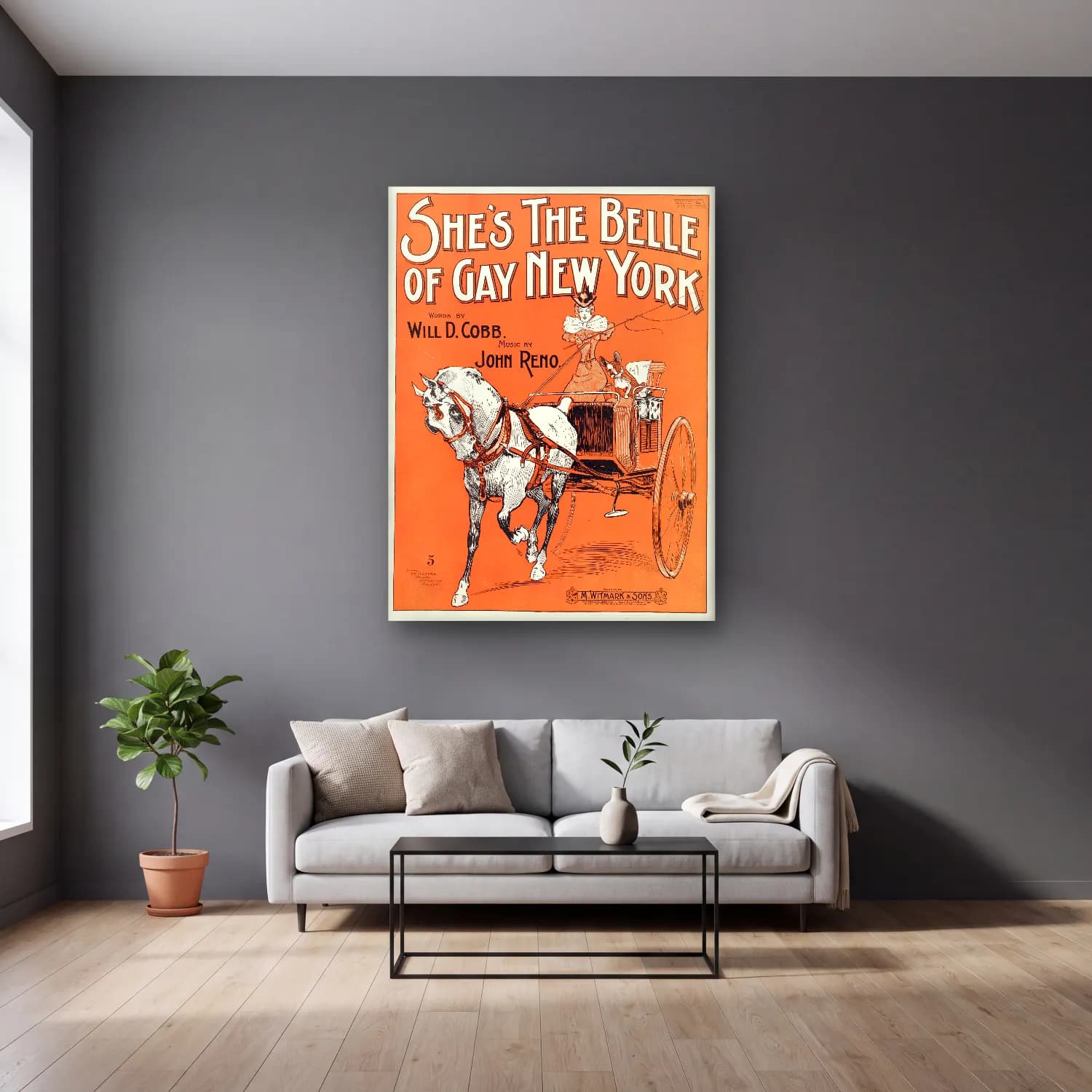 Vintage Poster Atlı No. 11 cam tablo — gri duvarlı salonda