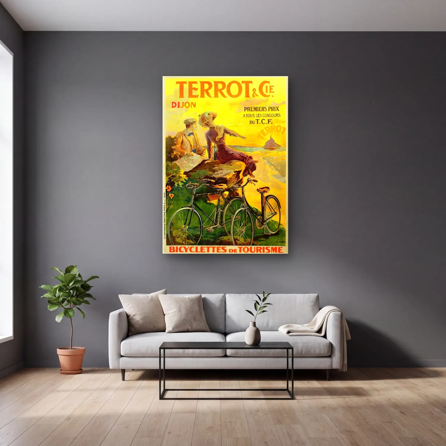 Vintage Poster Bisiklet No. 10 cam tablo — gri duvarlı salonda