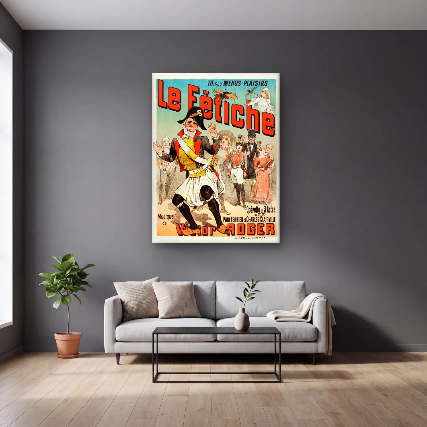 Vintage Poster Savaş Sahnesi No. 11 cam tablo — gri duvarlı salonda