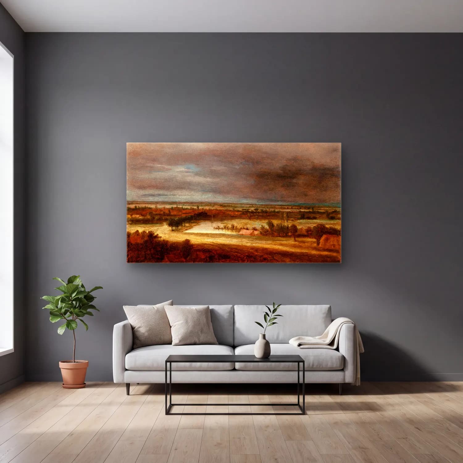 Philips Koninck – Panoramic Landscape with a Village (circa 1648-1649) cam tablo — gri duvarlı salonda