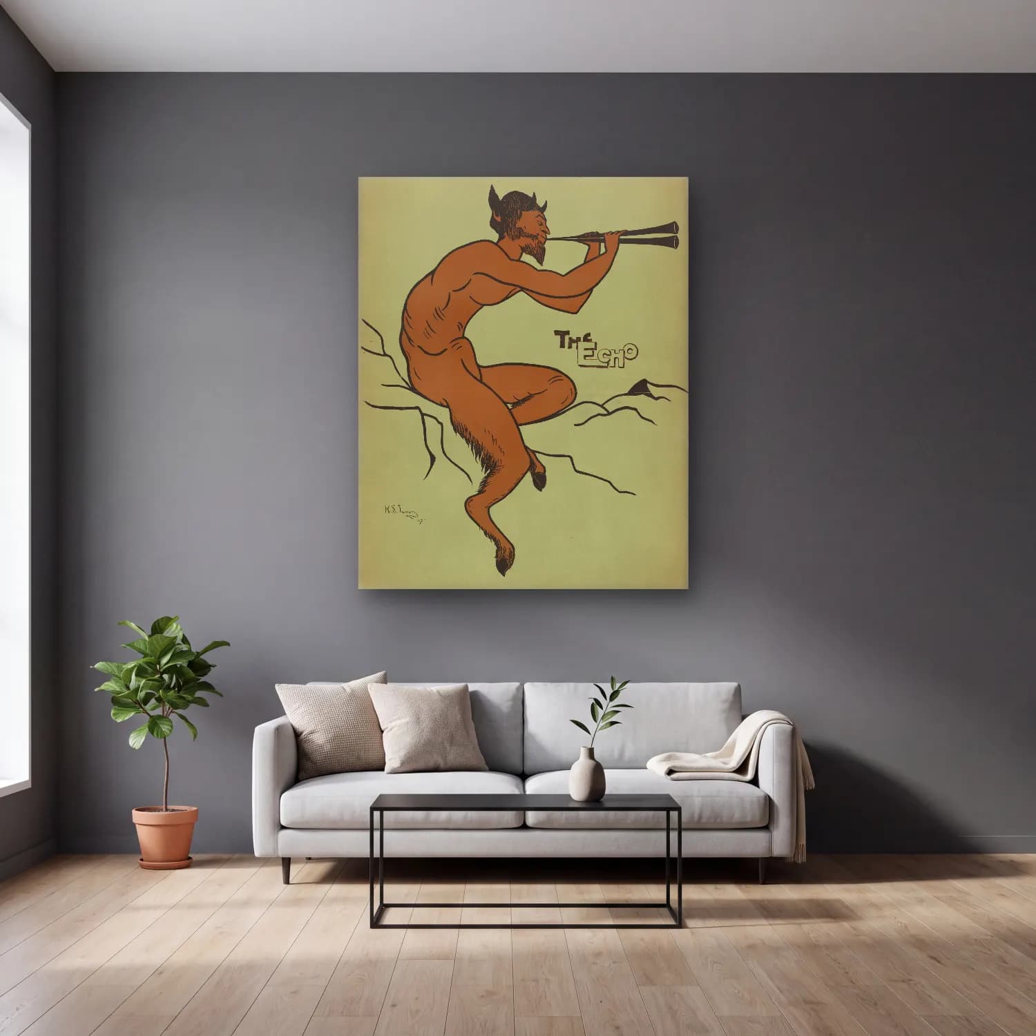 Vintage Poster Figür Çalışması No. 15 cam tablo — gri duvarlı salonda