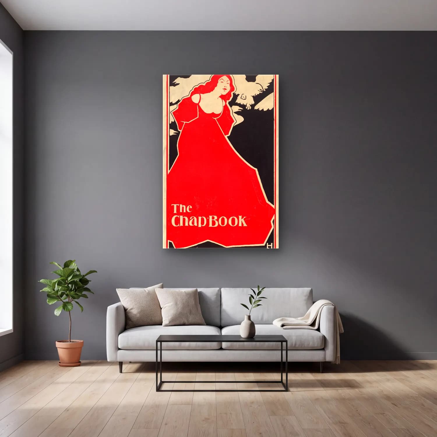 Vintage Poster Elbiseli Kadın No. 62 cam tablo — gri duvarlı salonda
