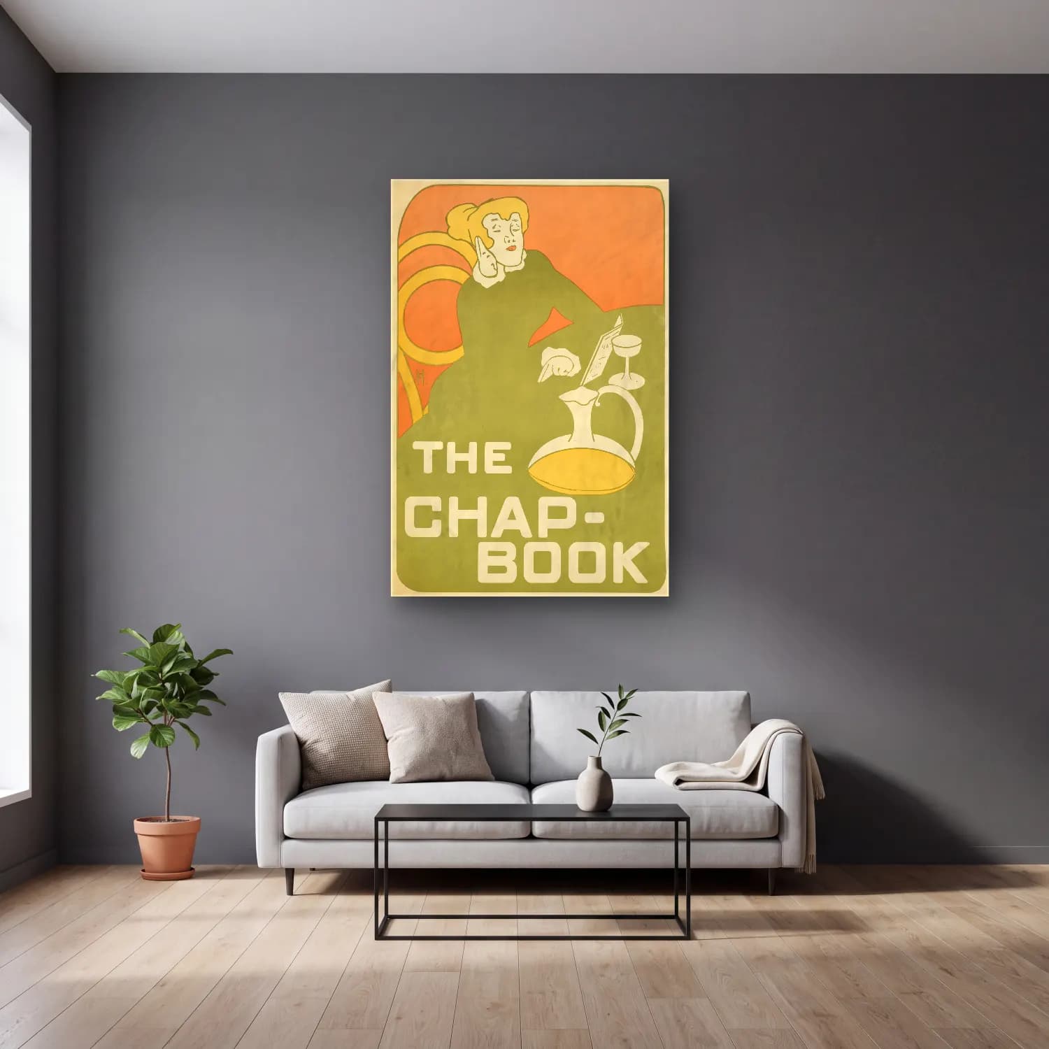 Vintage Poster Kadeh Şarap No. 14 cam tablo — gri duvarlı salonda