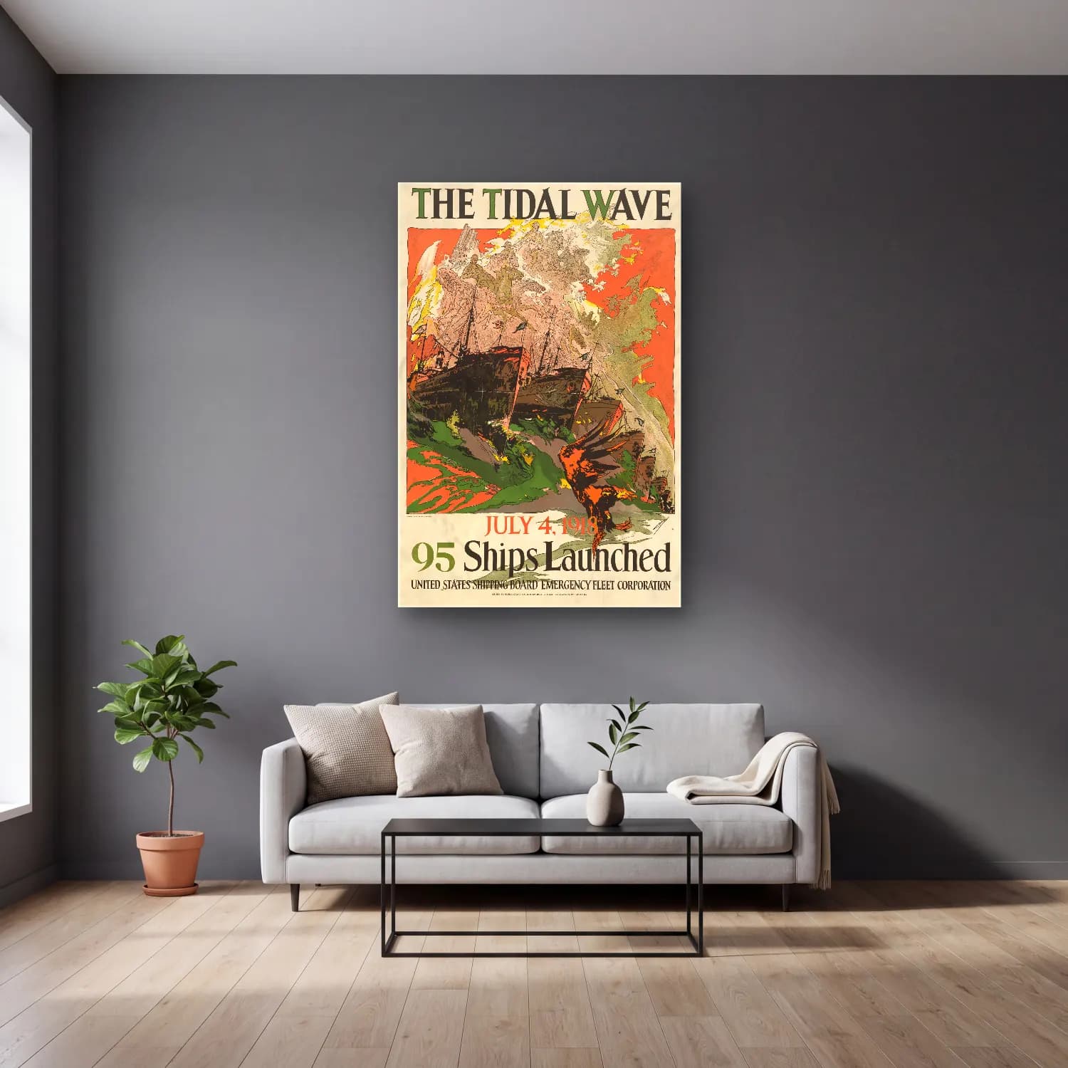 Vintage Poster Savaş Sahnesi No. 12 cam tablo — gri duvarlı salonda