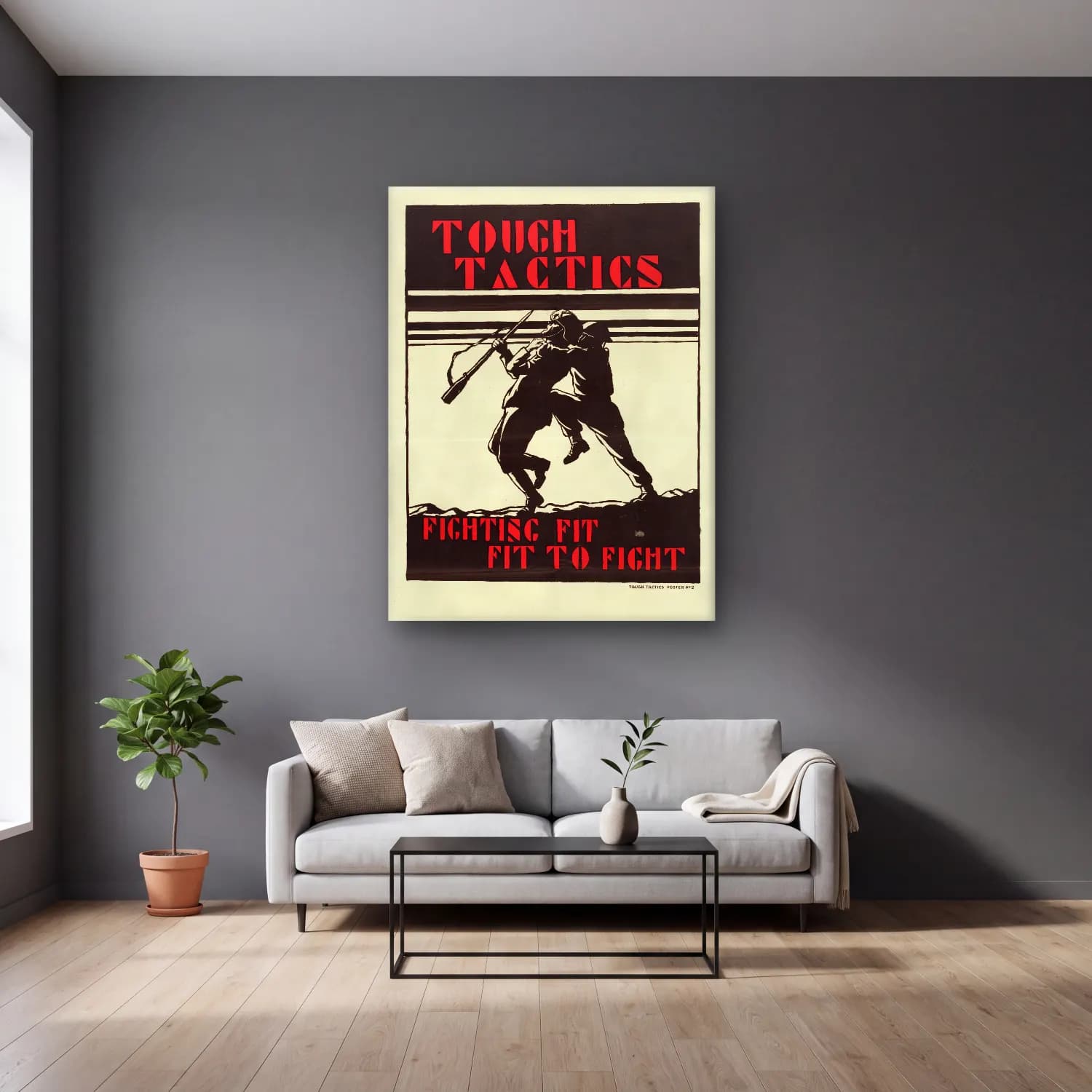 Vintage Poster Savaş Sahnesi No. 13 cam tablo — gri duvarlı salonda