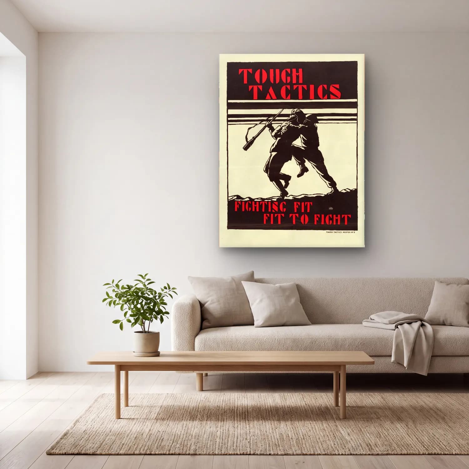 Vintage Poster Savaş Sahnesi No. 13 cam tablo — açık renk salonda