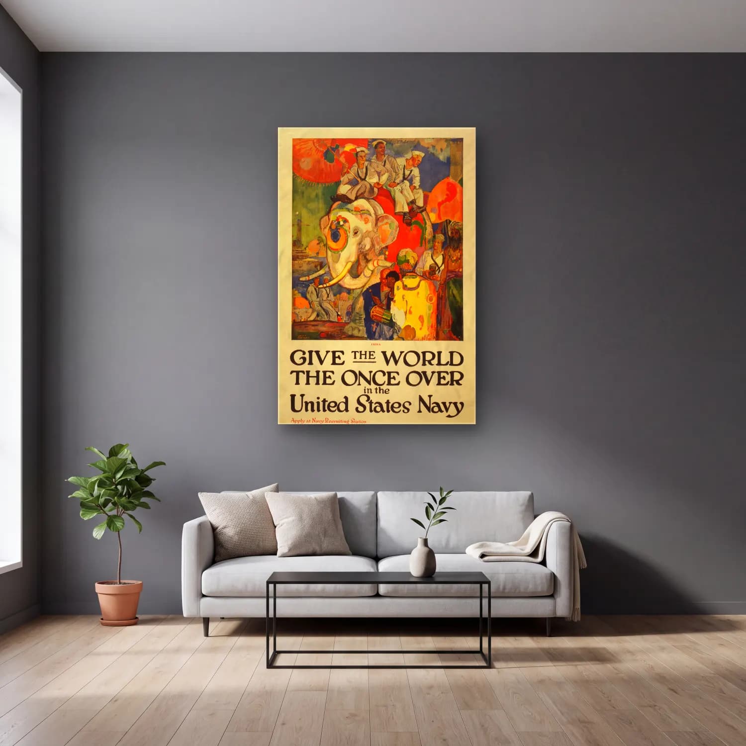 Vintage Poster Fil – Bej Tonlar cam tablo — gri duvarlı salonda