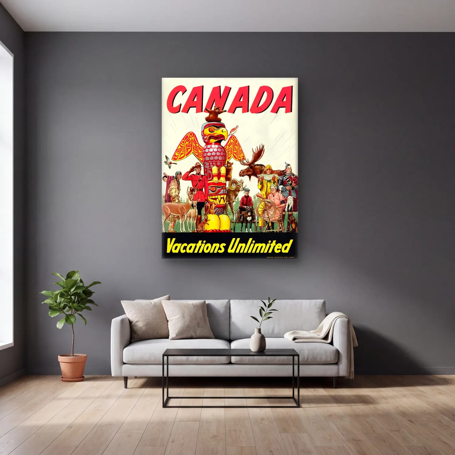 Vintage Poster Kartal cam tablo — gri duvarlı salonda