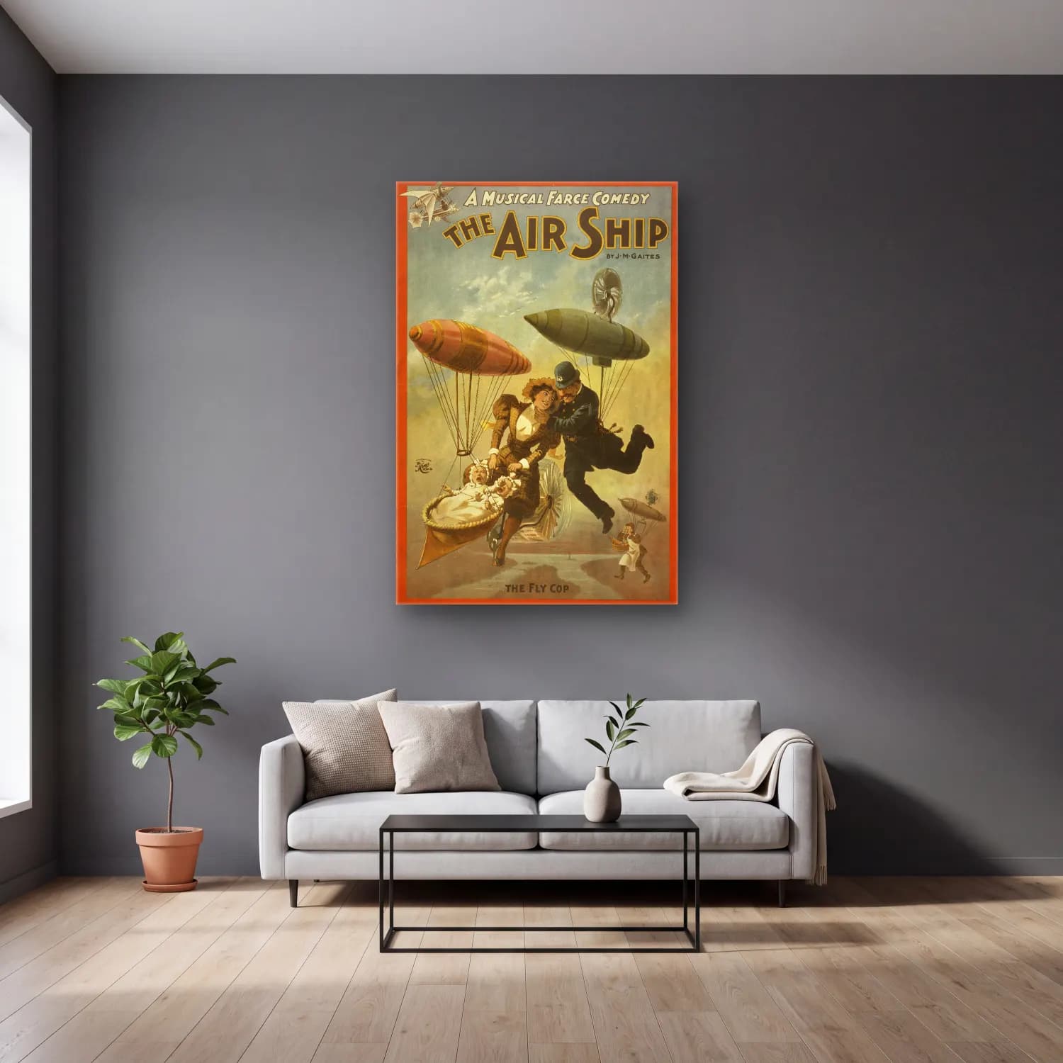Vintage Poster Sıcak Hava Balonu No. 3 cam tablo — gri duvarlı salonda
