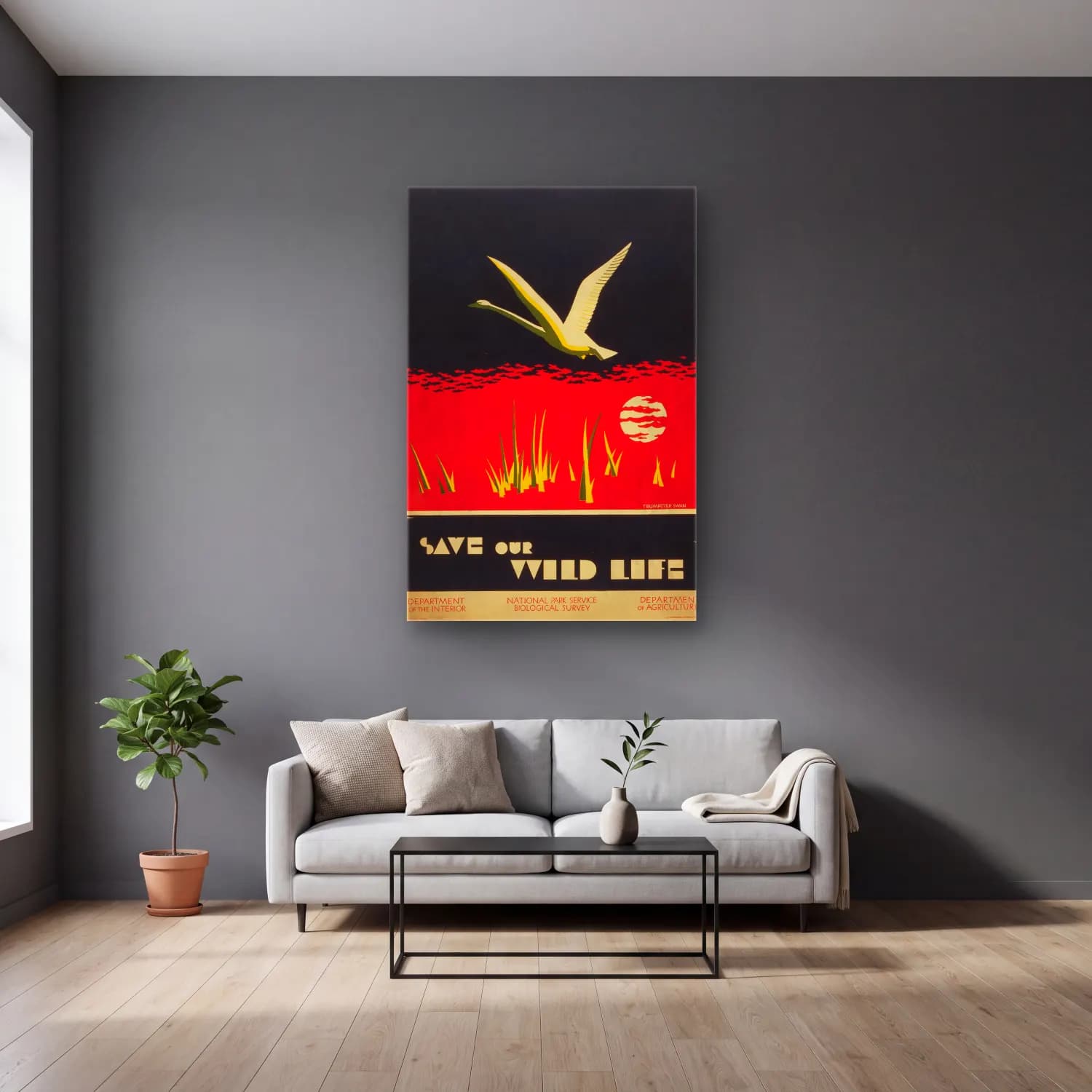 Vintage Poster Kuğu cam tablo — gri duvarlı salonda