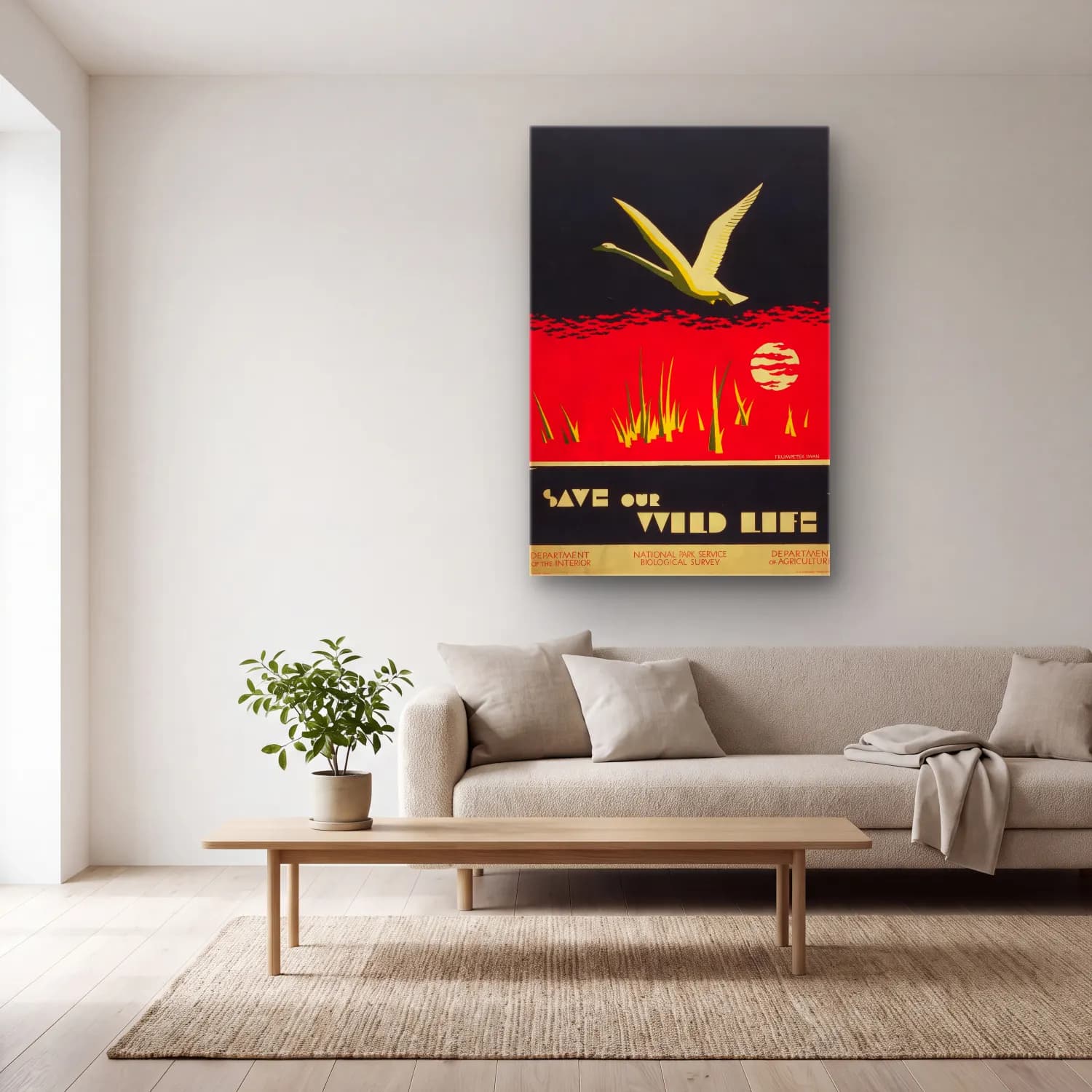 Vintage Poster Kuğu cam tablo — açık renk salonda