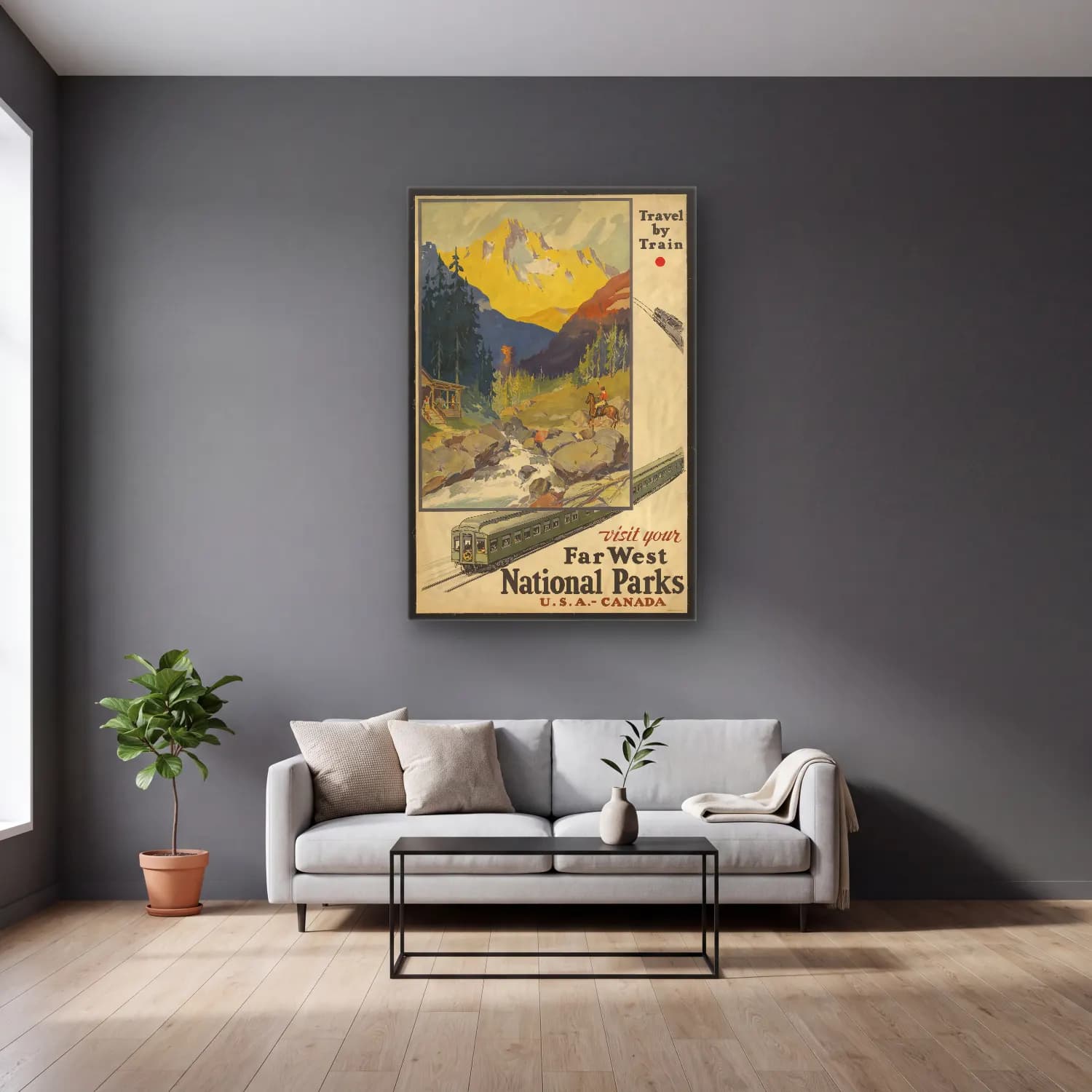 Vintage Poster Tren No. 9 cam tablo — gri duvarlı salonda