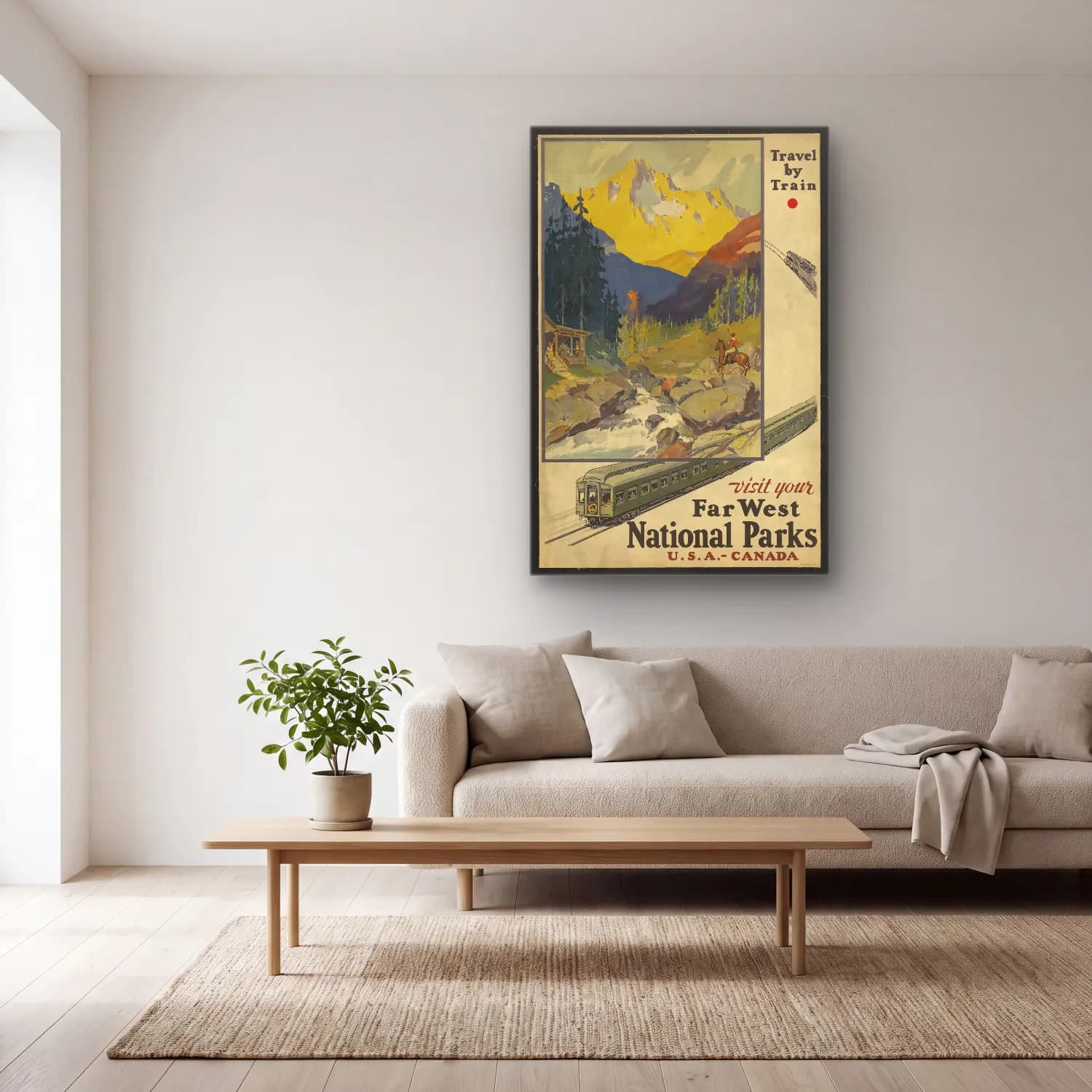Vintage Poster Tren No. 9 cam tablo — açık renk salonda