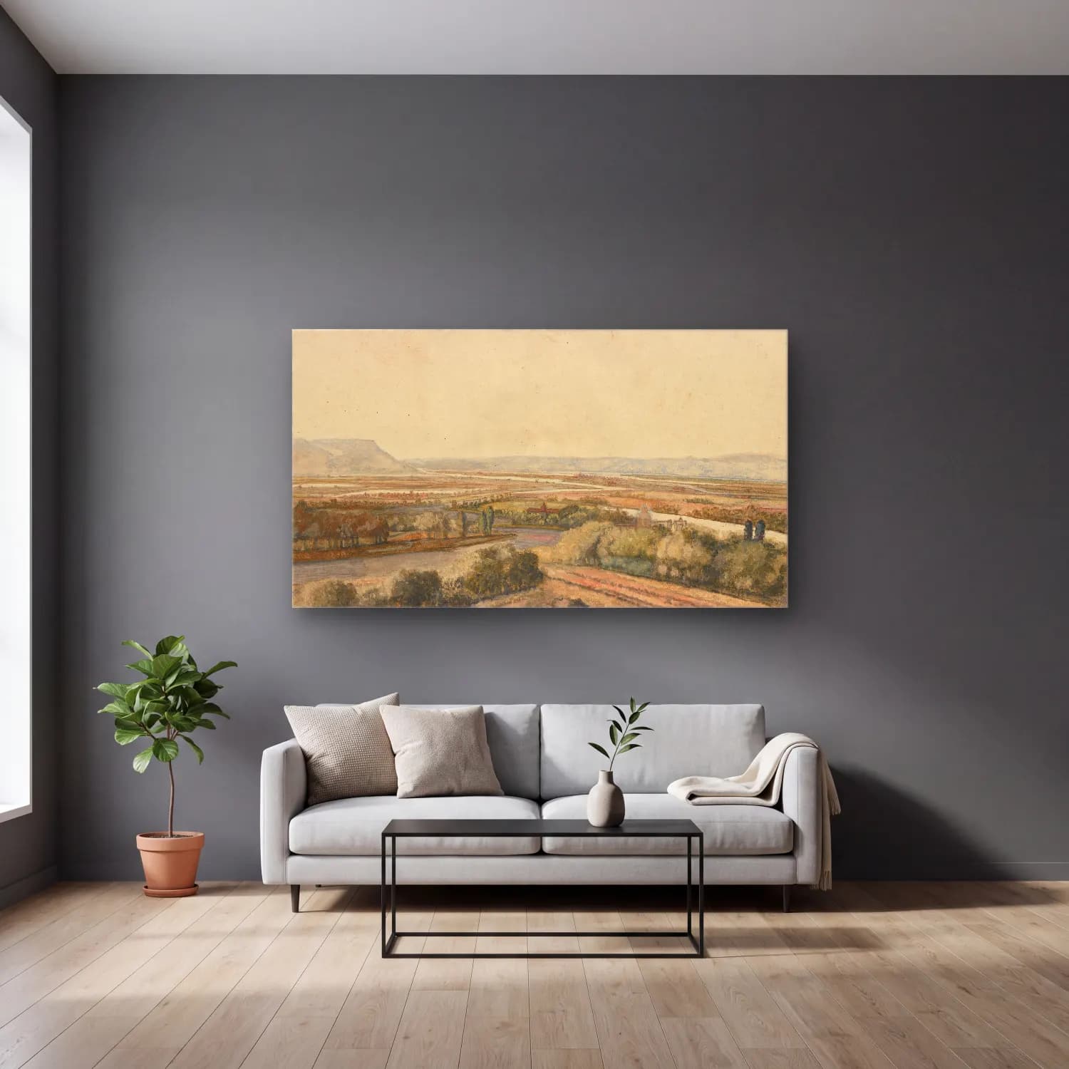 Philips Koninck – River Landscape (about 1675) cam tablo — gri duvarlı salonda
