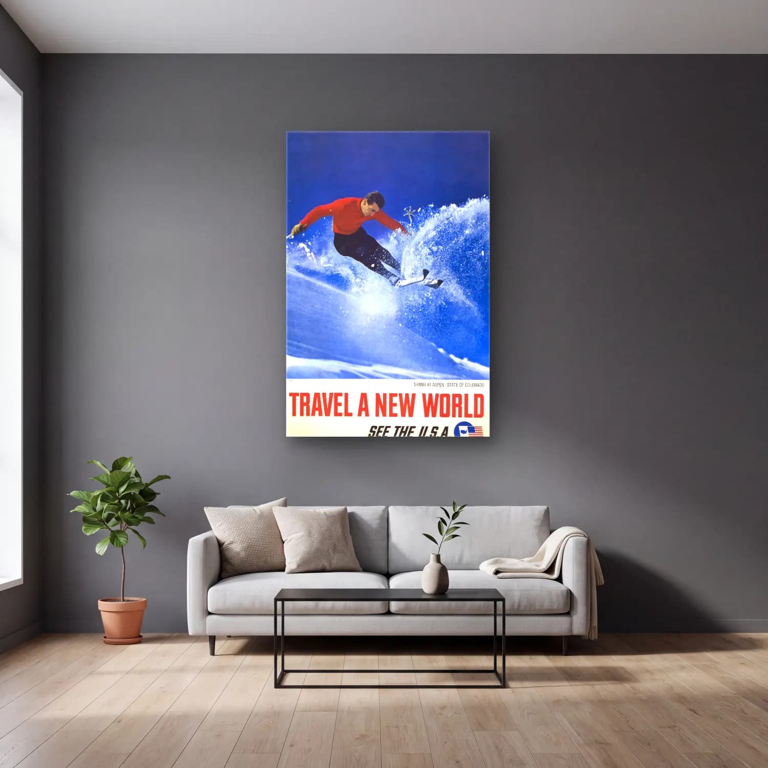 Vintage Poster Kayak No. 10 cam tablo — gri duvarlı salonda