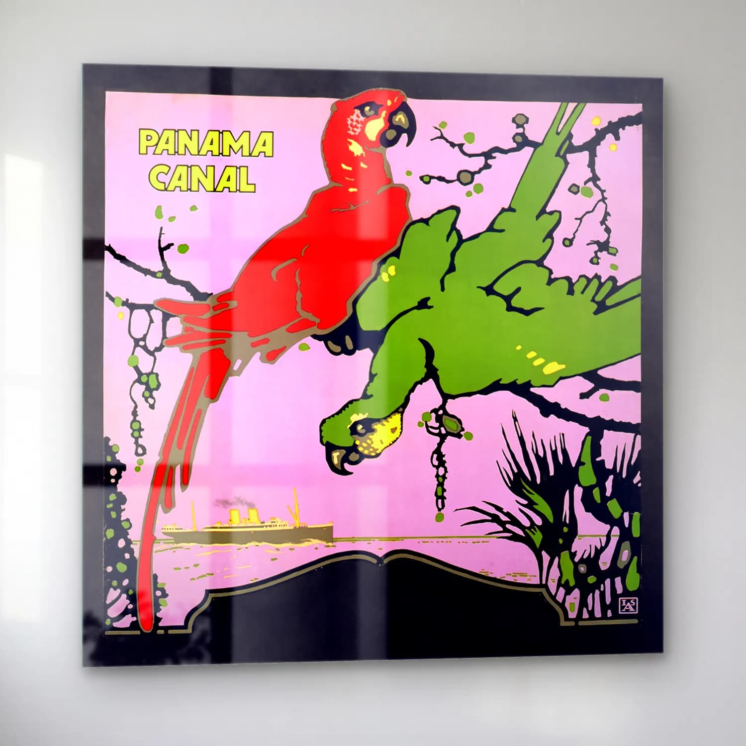 Vintage Poster Papağan – Kırmızı Tonlar cam tablo — sol açıdan görünüm