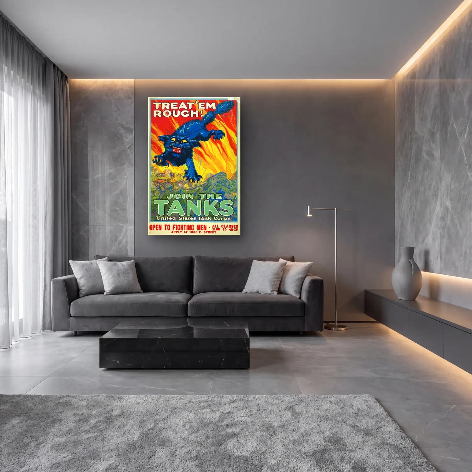 Vintage Poster Kaplan – Mavi Tonlar cam tablo — lüks salon duvarında