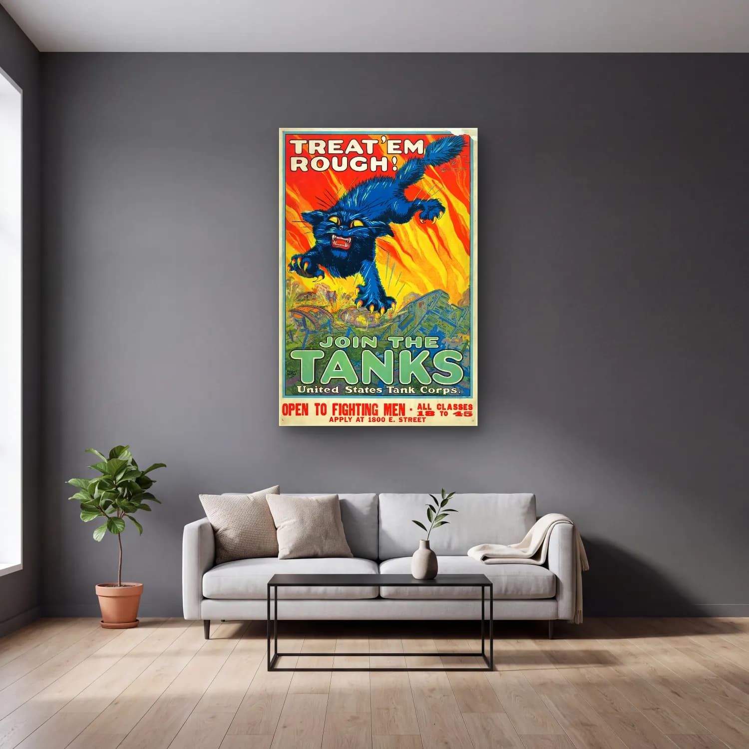 Vintage Poster Kaplan – Mavi Tonlar cam tablo — gri duvarlı salonda