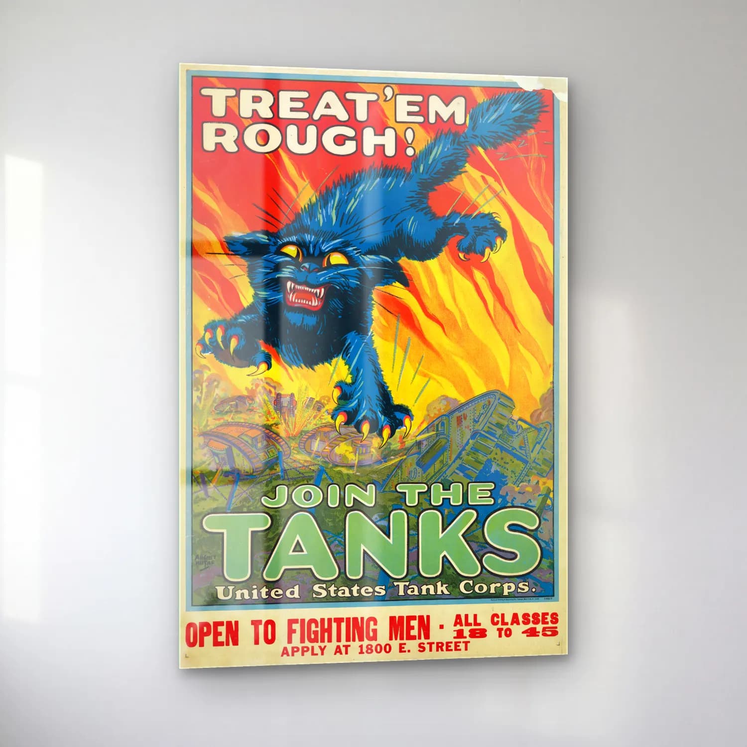 Vintage Poster Kaplan – Mavi Tonlar cam tablo — sol açıdan görünüm