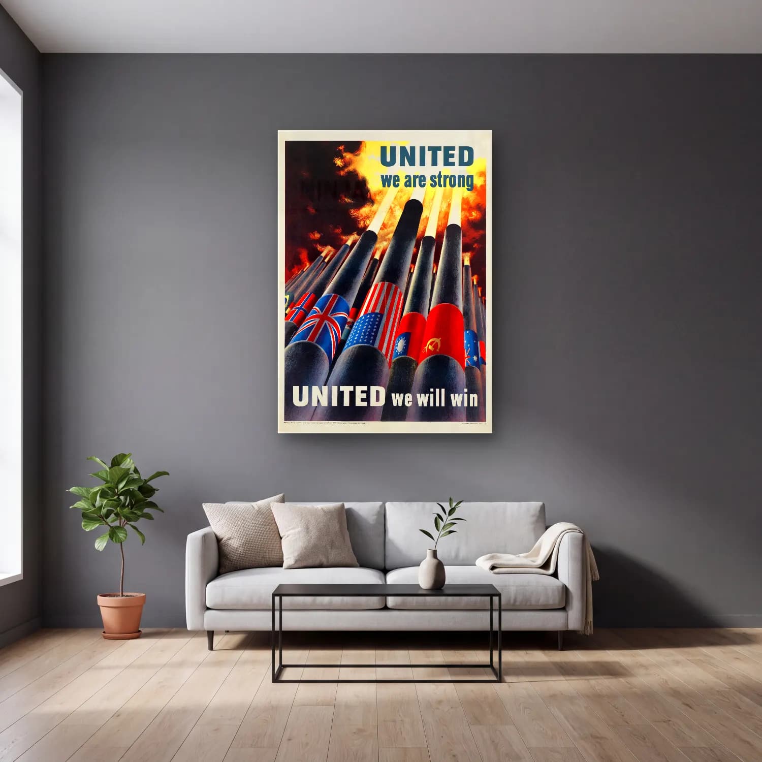 Vintage Poster Mumlar No. 6 cam tablo — gri duvarlı salonda