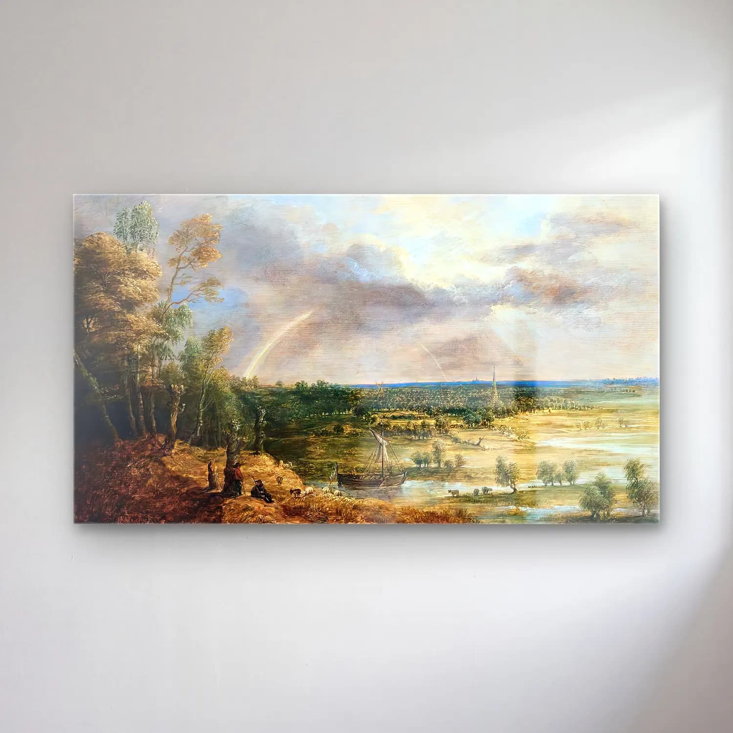 Lucas van Uden – Panoramic River Landscape cam tablo — Lucas van Uden – Panoramic River Landscape — yağlı boya kırda nehir