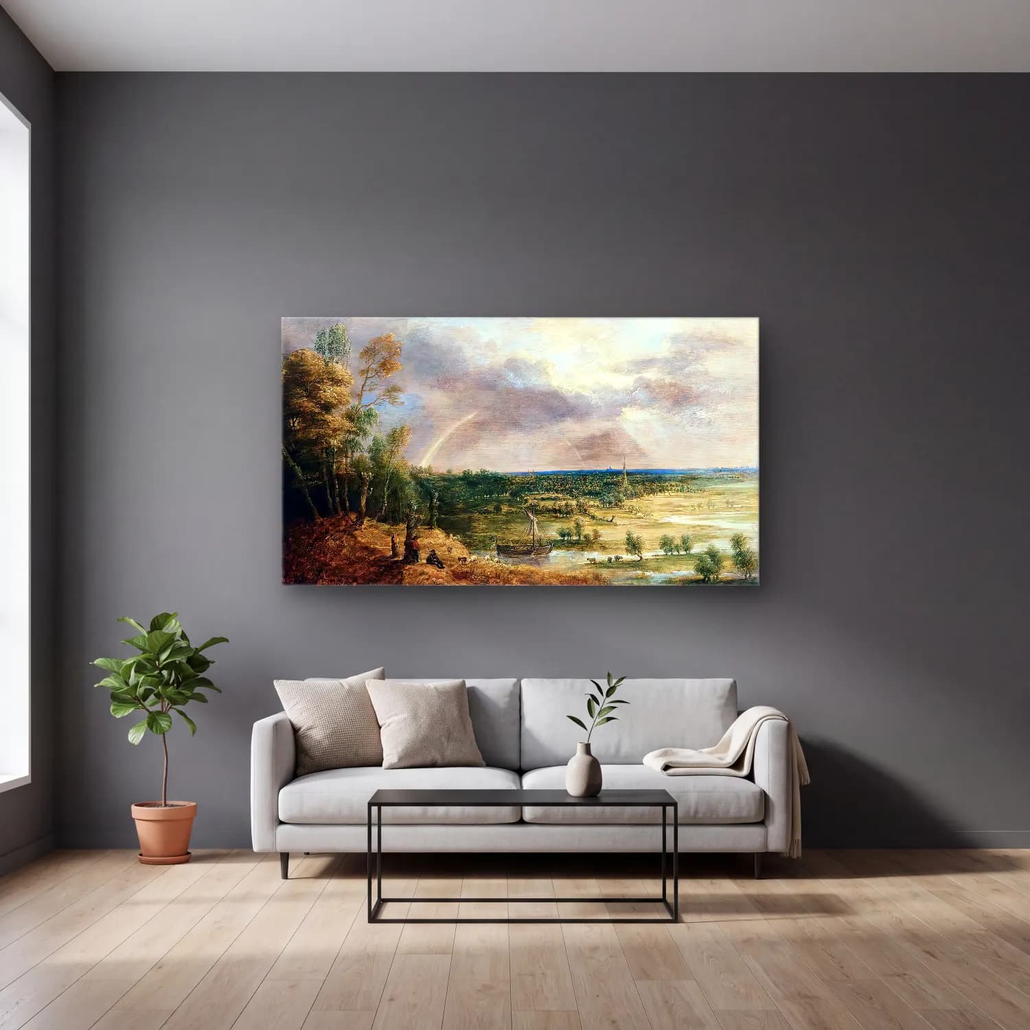 Lucas van Uden – Panoramic River Landscape cam tablo — gri duvarlı salonda